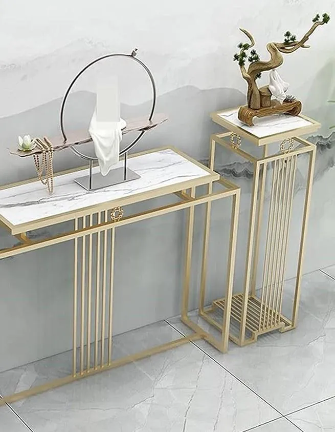 Luxurious Modern Rectangle Console Table Set with White Marble Top and Storage Box (White & Golden) - 3 Piece Set