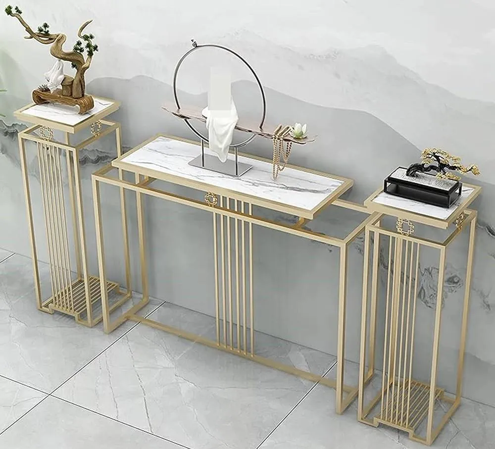 Luxurious Modern Rectangle Console Table Set with White Marble Top and Storage Box (White & Golden) - 3 Piece Set