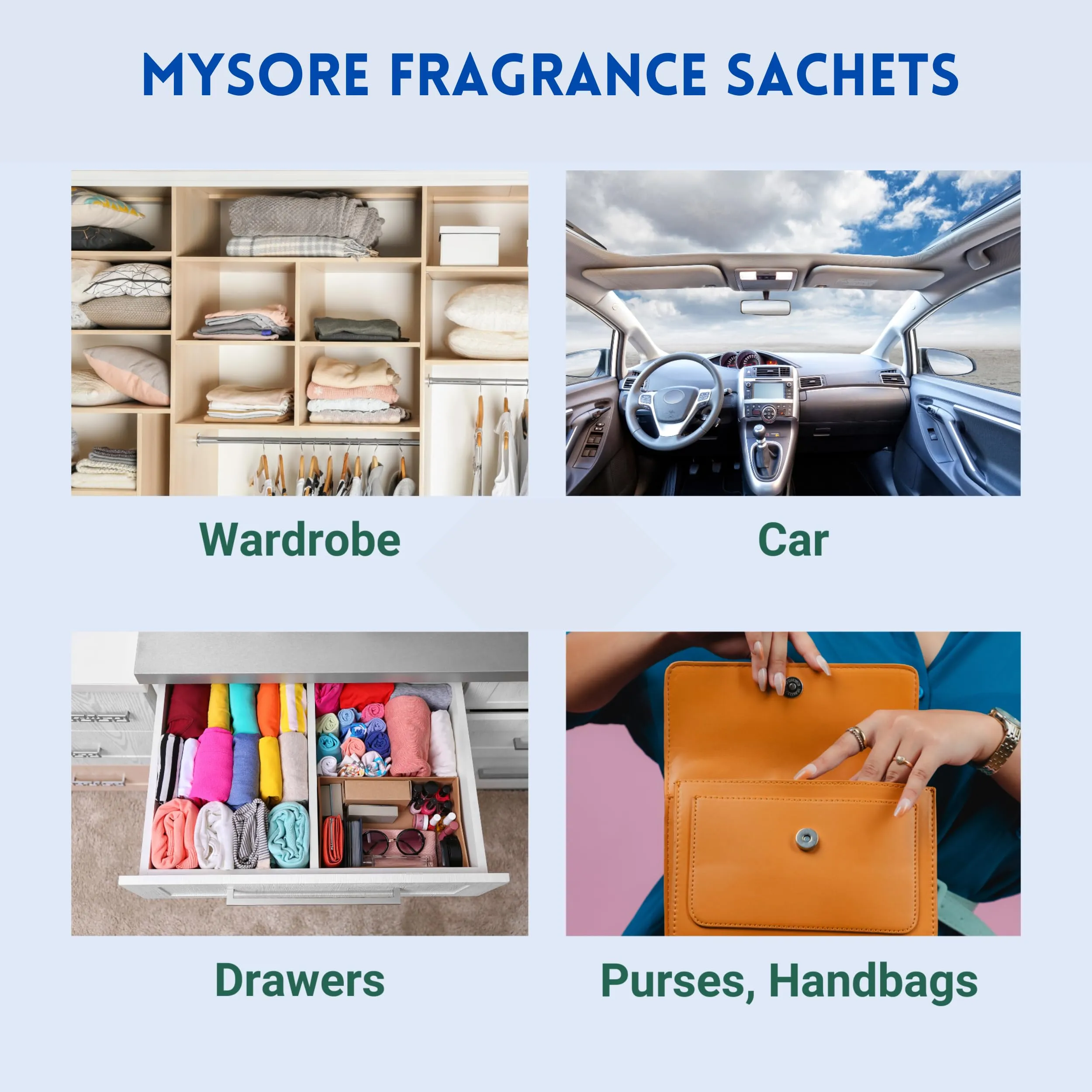 Mysore Sandal & Jasmine Fragrance Sachets (12-Pack) | Natural Sandalwood & Jasmine Powder | Eco-Friendly Cloth Pouches | Long-Lasting Freshness for Wardrobe, Closet, Drawers, and More