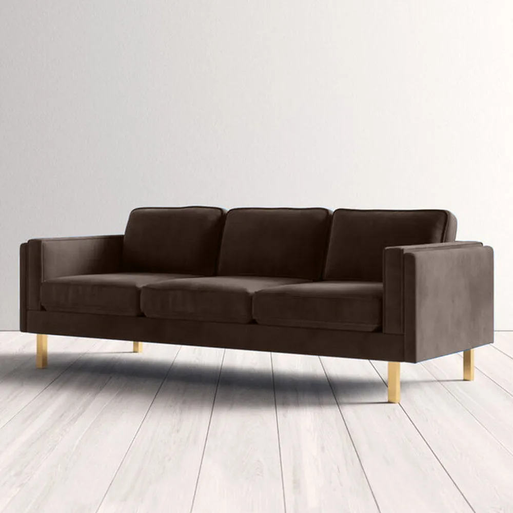 Nebula Brown Velvet 3-Seater Sofa with Square Arms - Luxury Living Room Seating, L220cm x W86cm x H81cm