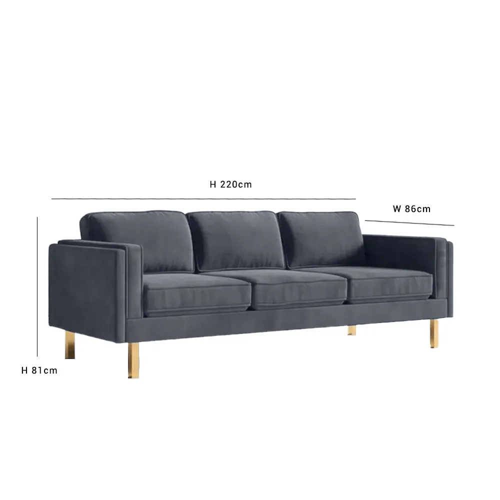 Nebula Grey Velvet 3-Seater Sofa with Square Arms - Luxury Living Room Seating, L220cm x W86cm x H81cm