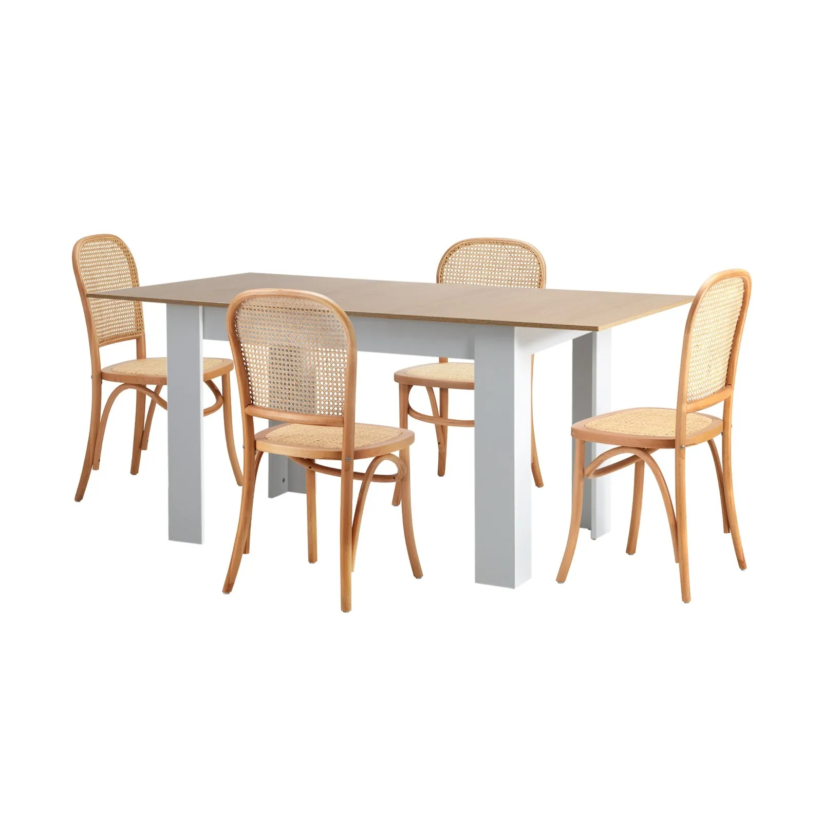 Oikiture 160cm Extendable Dining Table with 4PCS Dining Chairs Rattan Natural