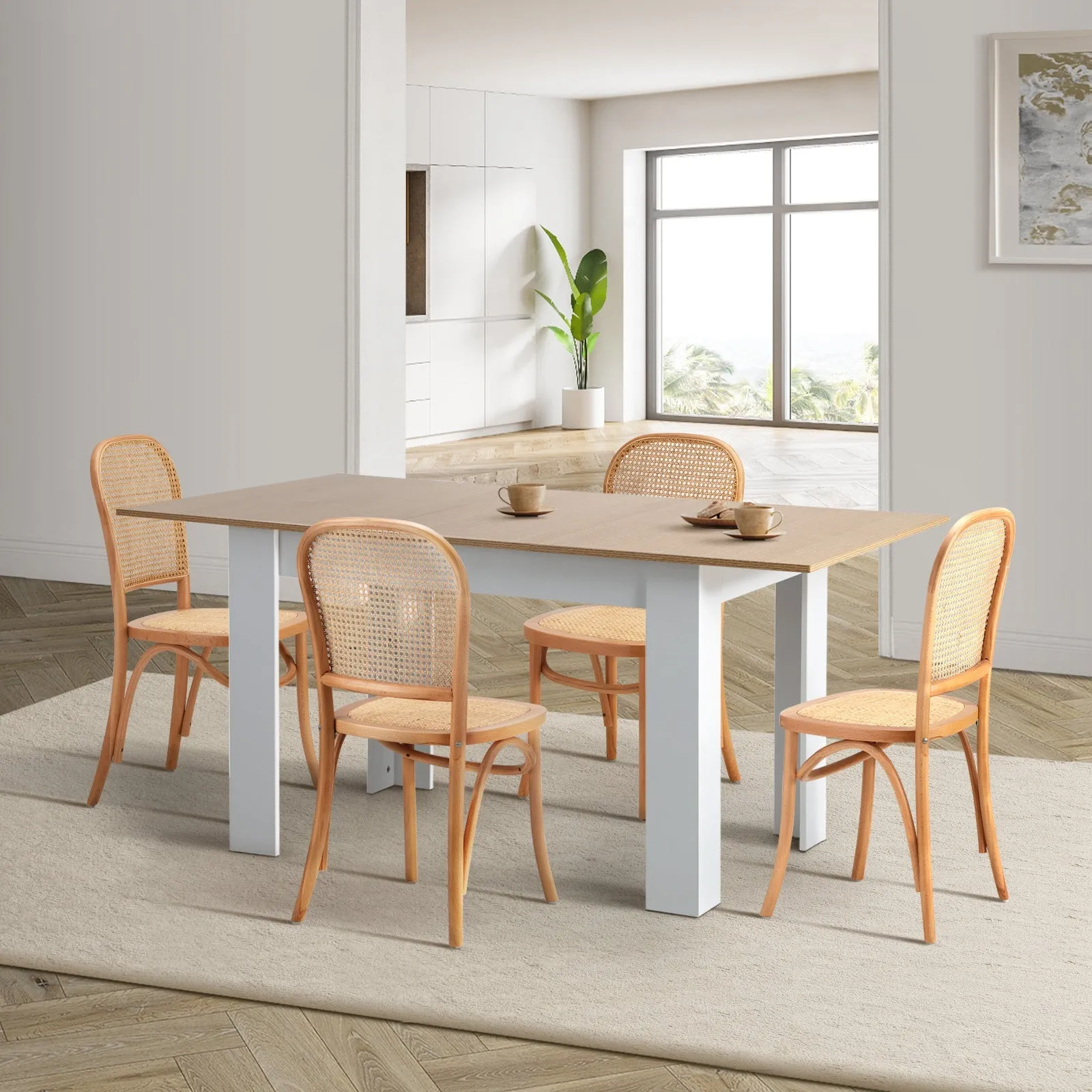 Oikiture 160cm Extendable Dining Table with 4PCS Dining Chairs Rattan Natural