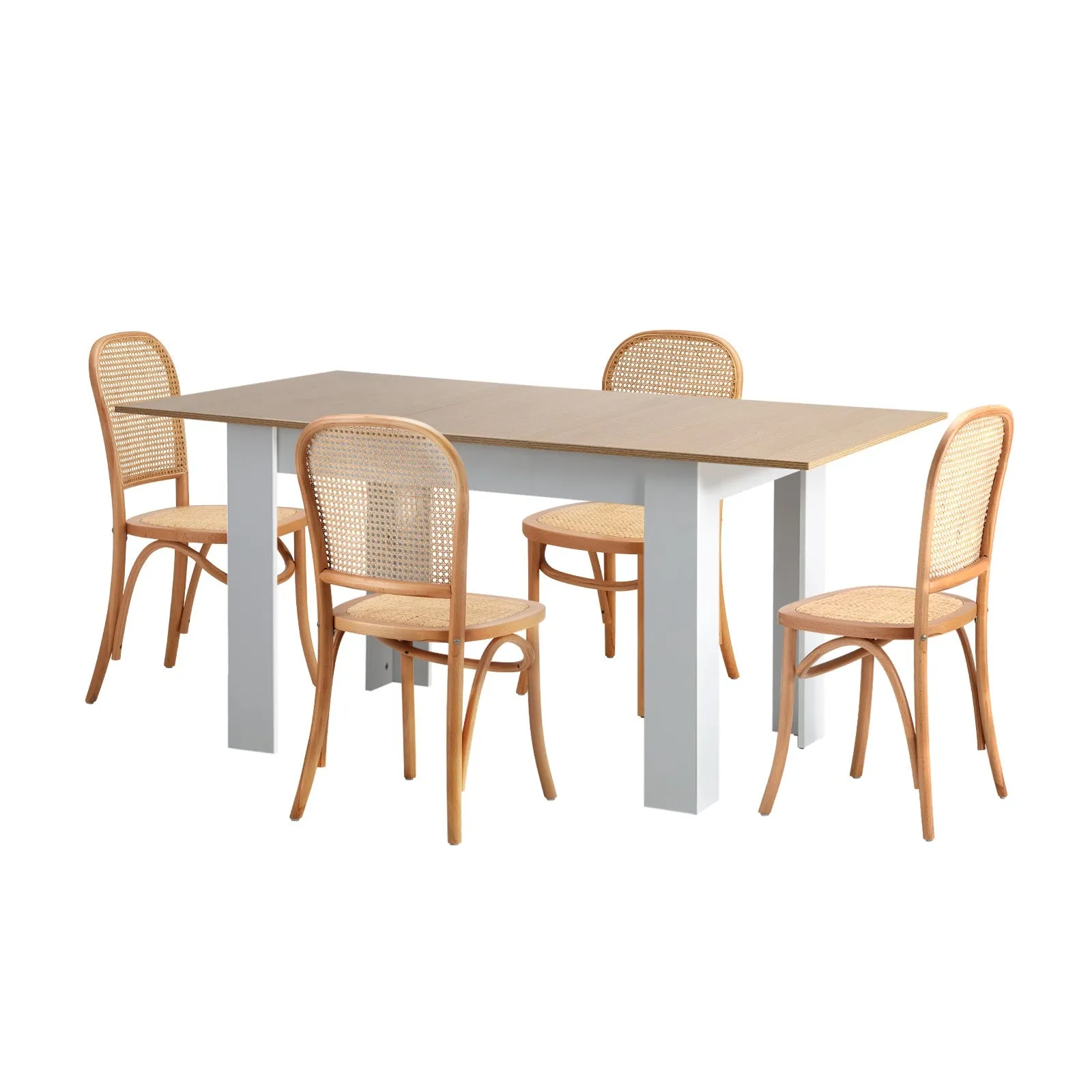 Oikiture 160cm Extendable Dining Table with 4PCS Dining Chairs Rattan Natural