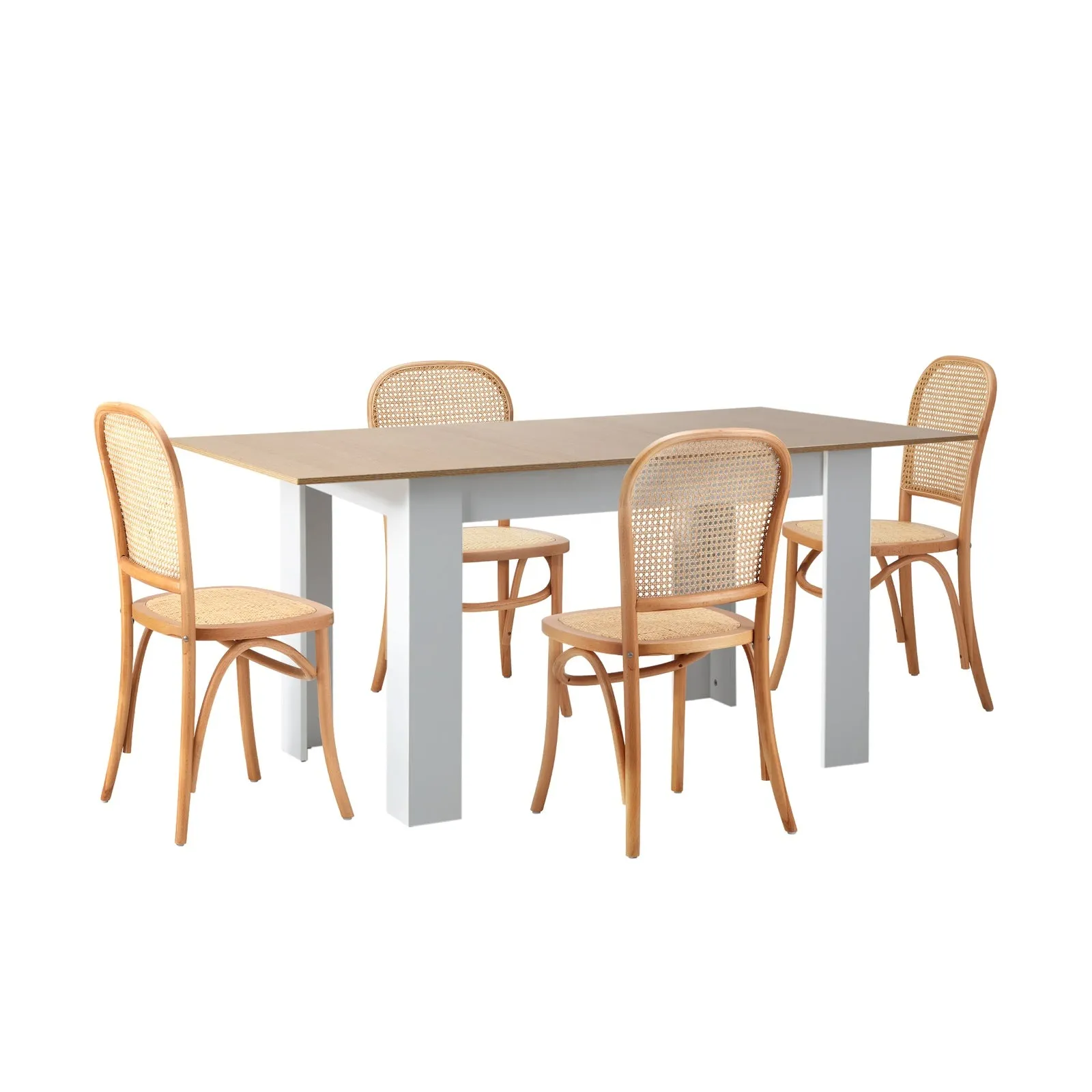 Oikiture 160cm Extendable Dining Table with 4PCS Dining Chairs Rattan Natural