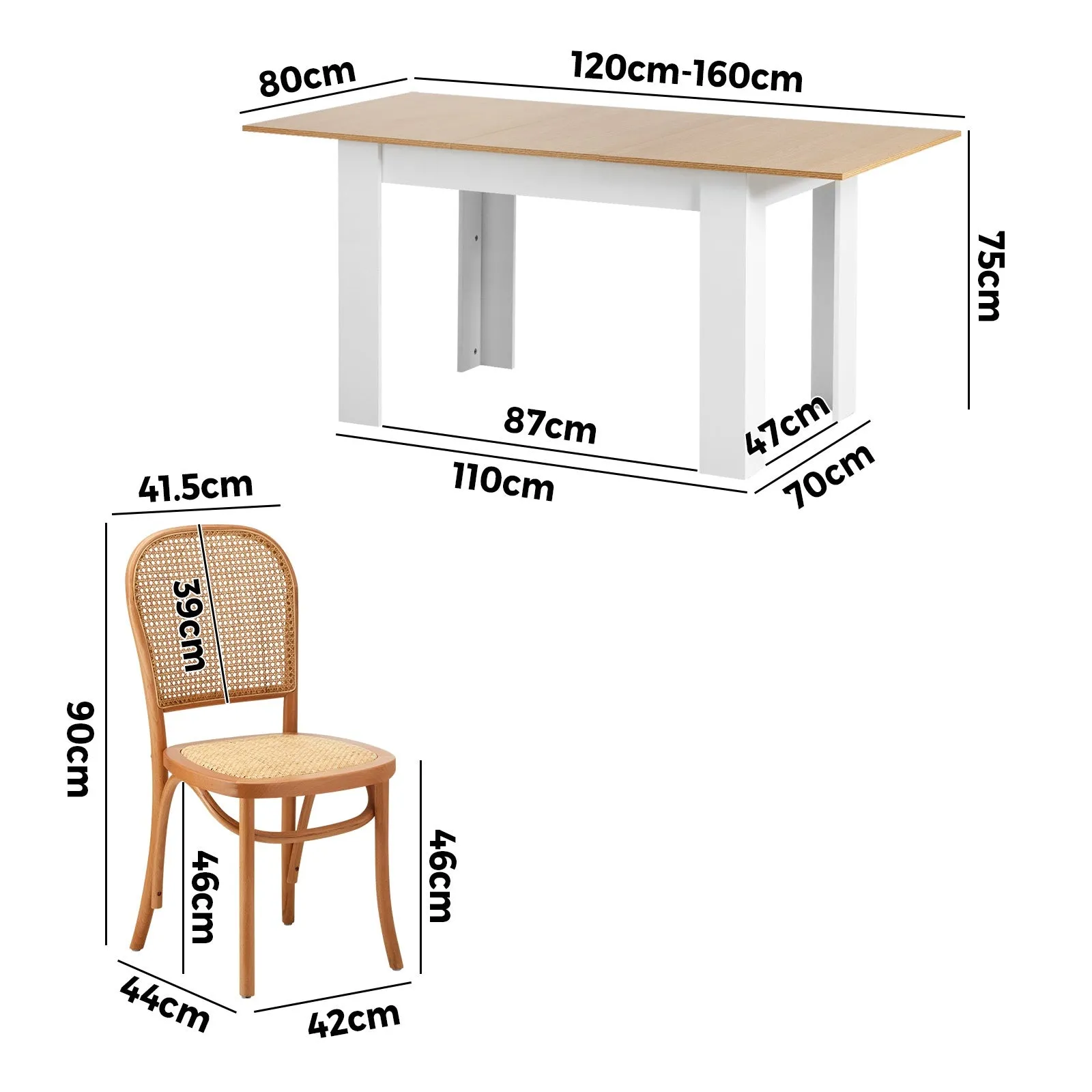 Oikiture 160cm Extendable Dining Table with 4PCS Dining Chairs Rattan Natural