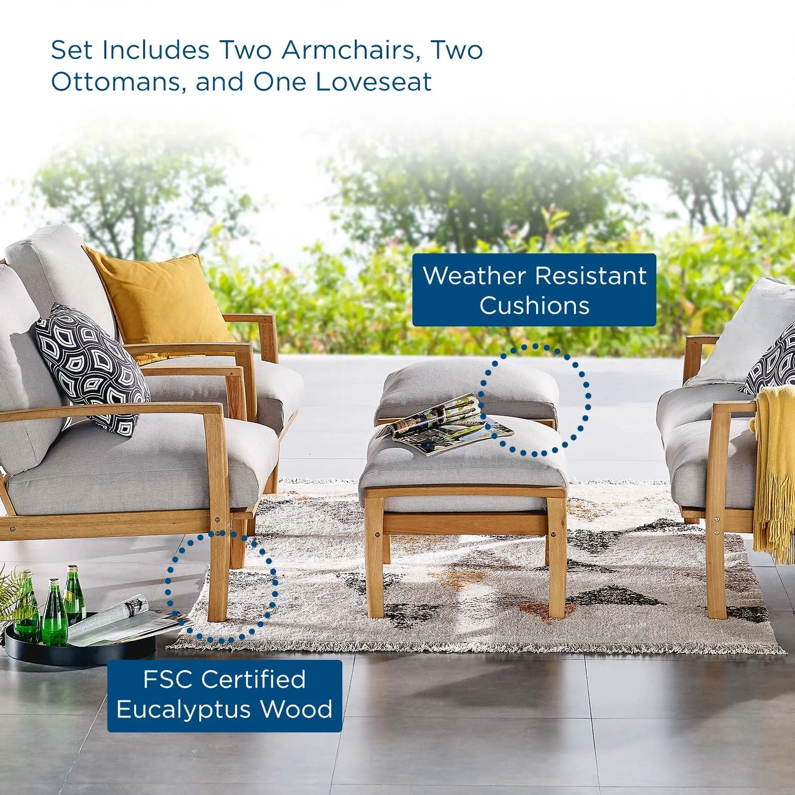 Orlean  5 Piece Outdoor Patio Eucalyptus Wood Set in Natural Light Gray