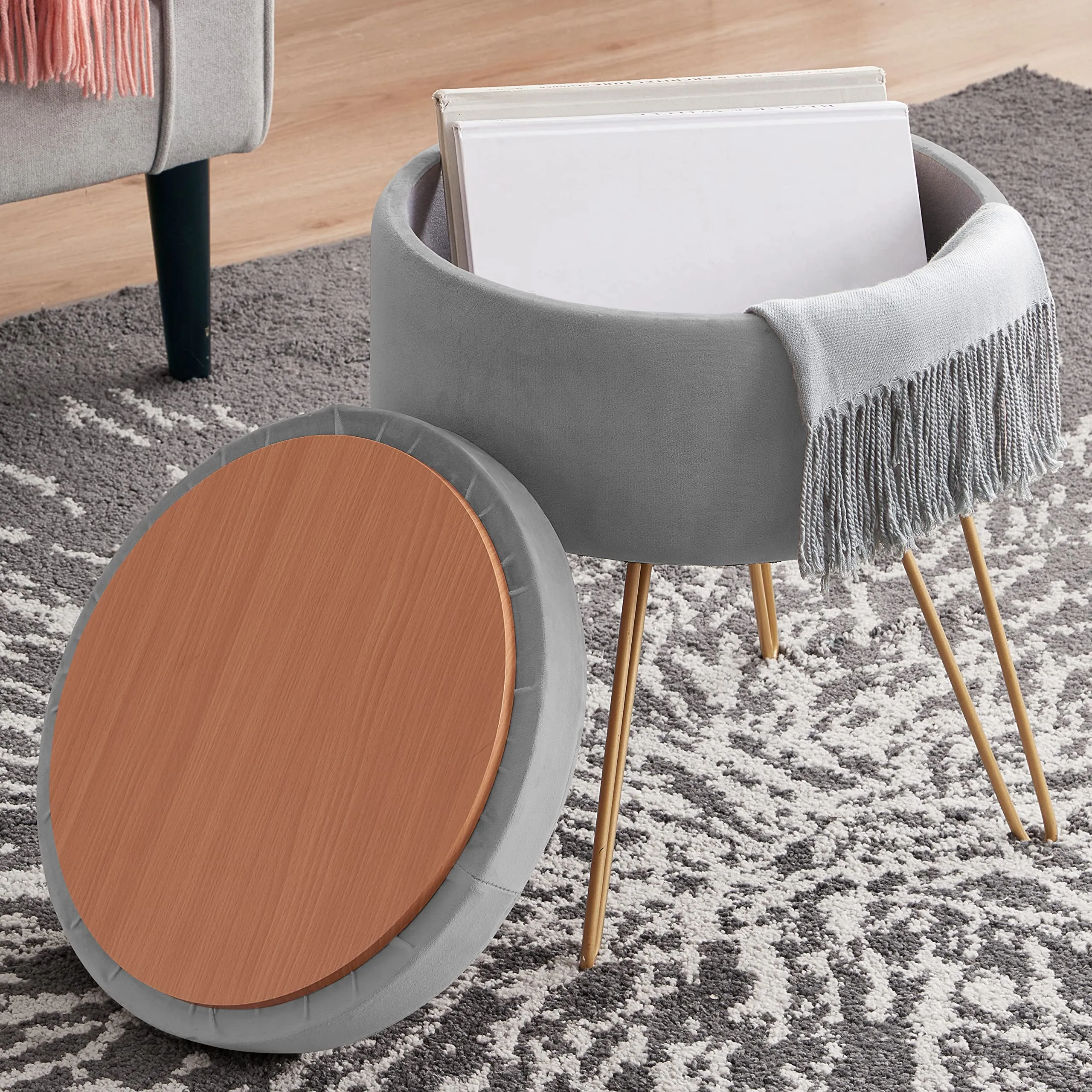 Ornavo Home Modern Round Velvet Storage Ottoman Foot Rest Stool/Seat with Gold Metal Legs & Tray Top Coffee Table - Silver