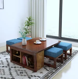 Plutto Solid Wood Coffee Table Centre Table With 4 Seating Stool For Living Room.