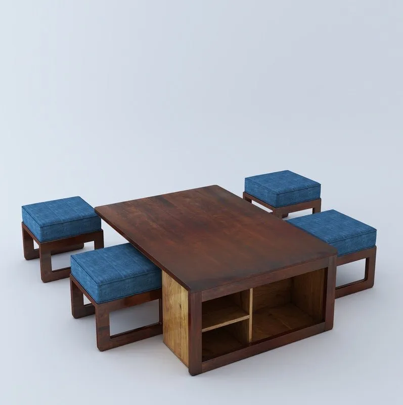 Plutto Solid Wood Coffee Table Centre Table With 4 Seating Stool For Living Room.