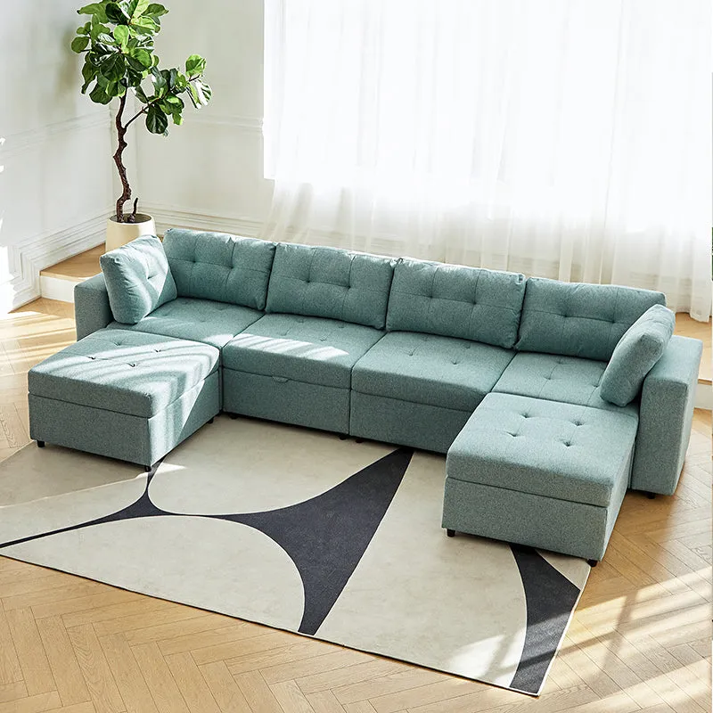 Raquel Sectional Four-Seat Storage Wide Armrests Sofa With Two Ottomans