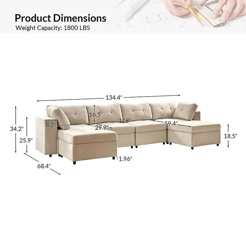 Raquel Sectional Four-Seat Storage Wide Armrests Sofa With Two Ottomans