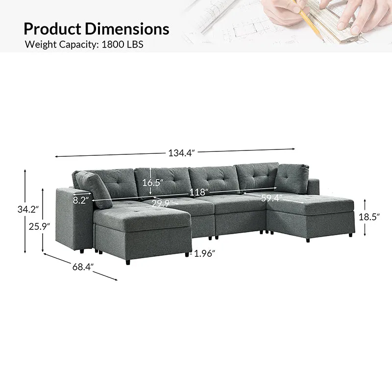 Raquel Sectional Four-Seat Storage Wide Armrests Sofa With Two Ottomans