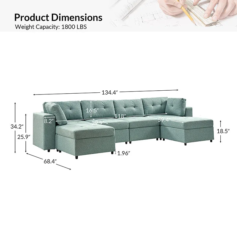 Raquel Sectional Four-Seat Storage Wide Armrests Sofa With Two Ottomans