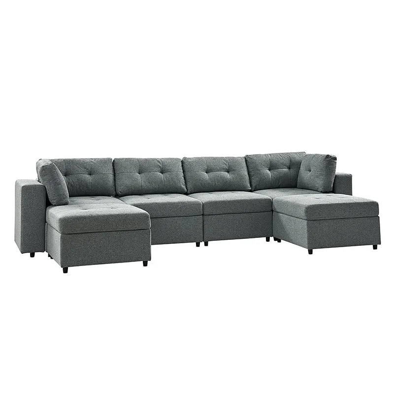 Raquel Sectional Four-Seat Storage Wide Armrests Sofa With Two Ottomans