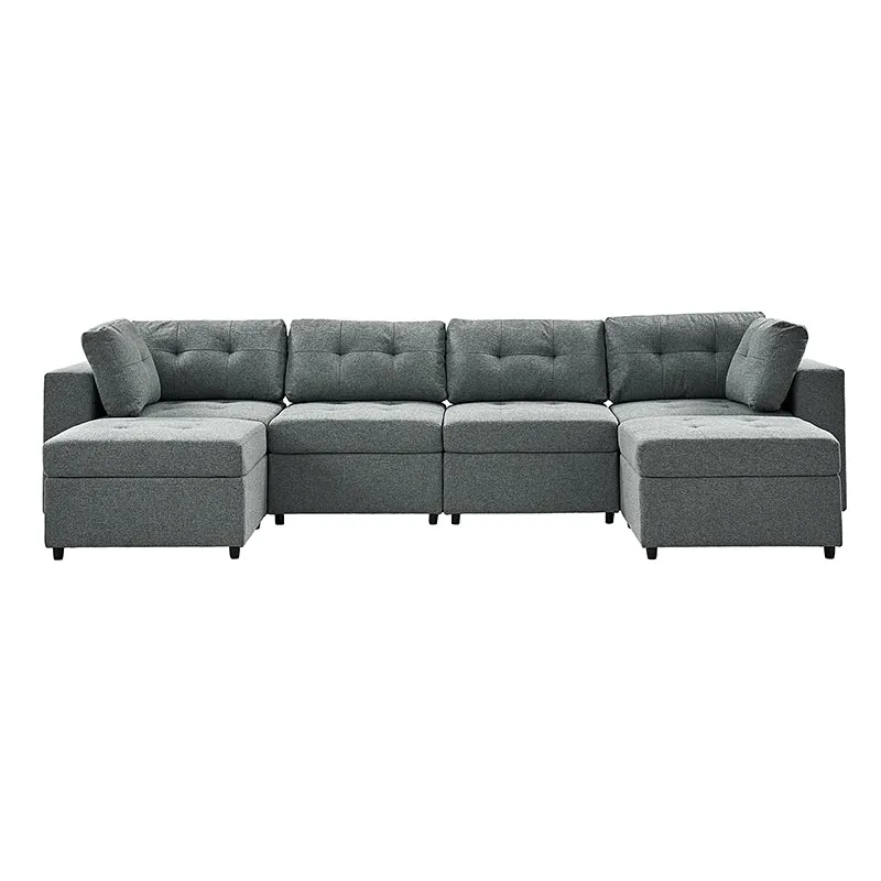 Raquel Sectional Four-Seat Storage Wide Armrests Sofa With Two Ottomans