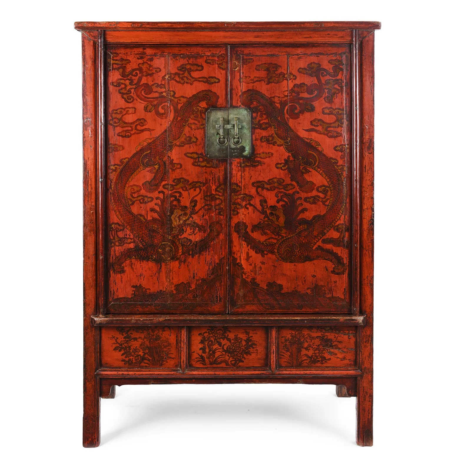 Red Lacquer Chilong Dragon Wedding Cabinet -19th Century