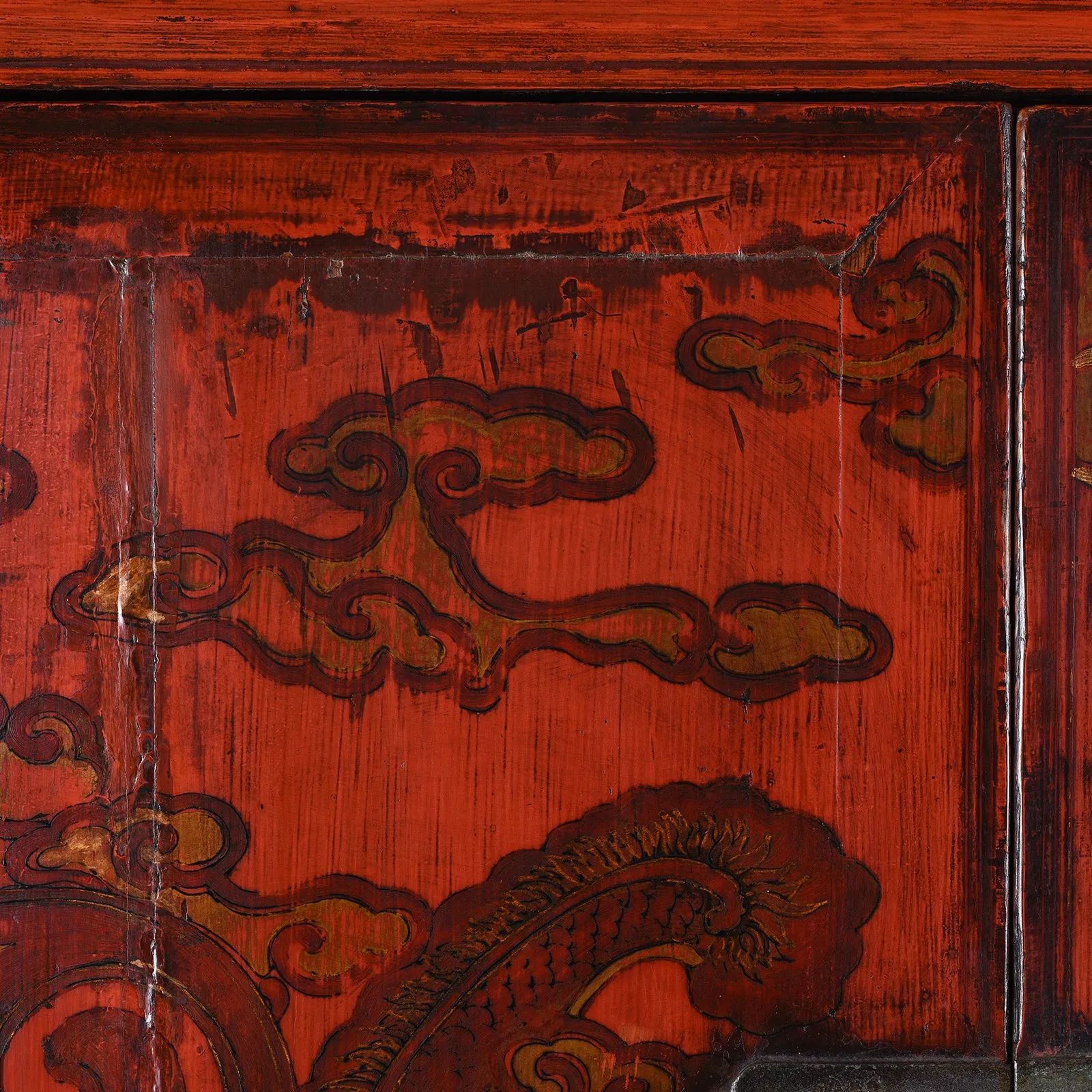 Red Lacquer Chilong Dragon Wedding Cabinet -19th Century