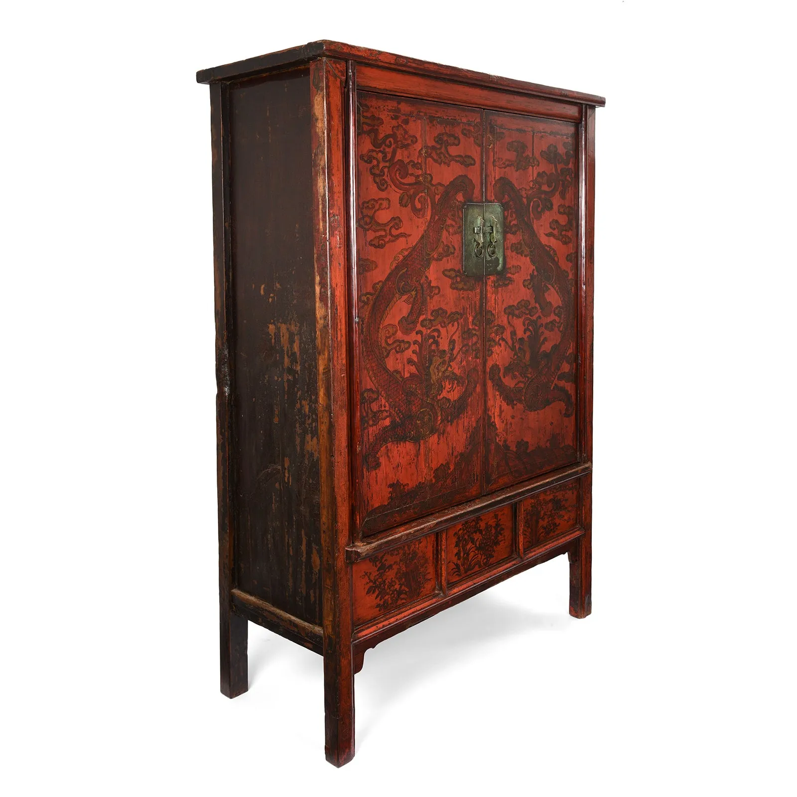 Red Lacquer Chilong Dragon Wedding Cabinet -19th Century