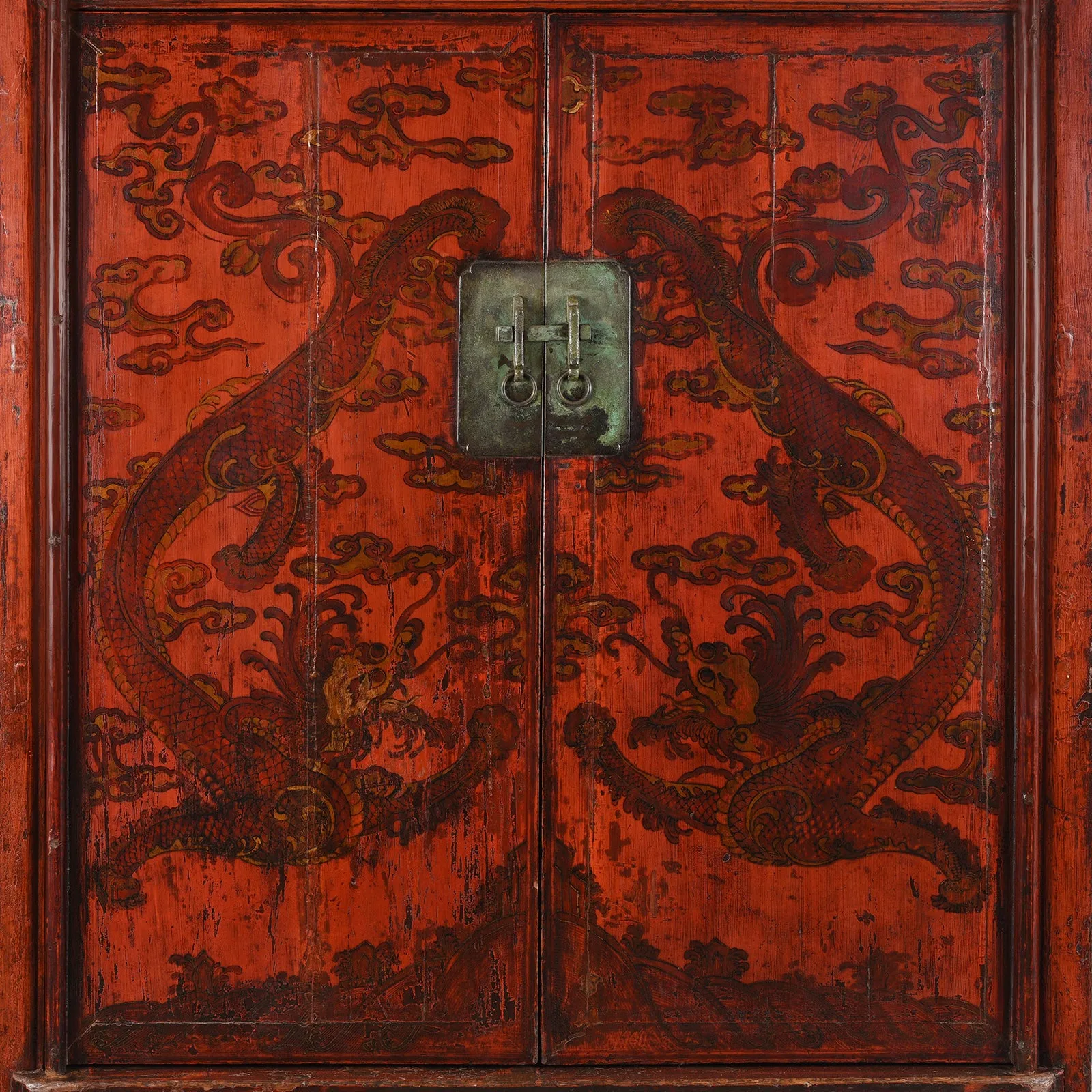 Red Lacquer Chilong Dragon Wedding Cabinet -19th Century