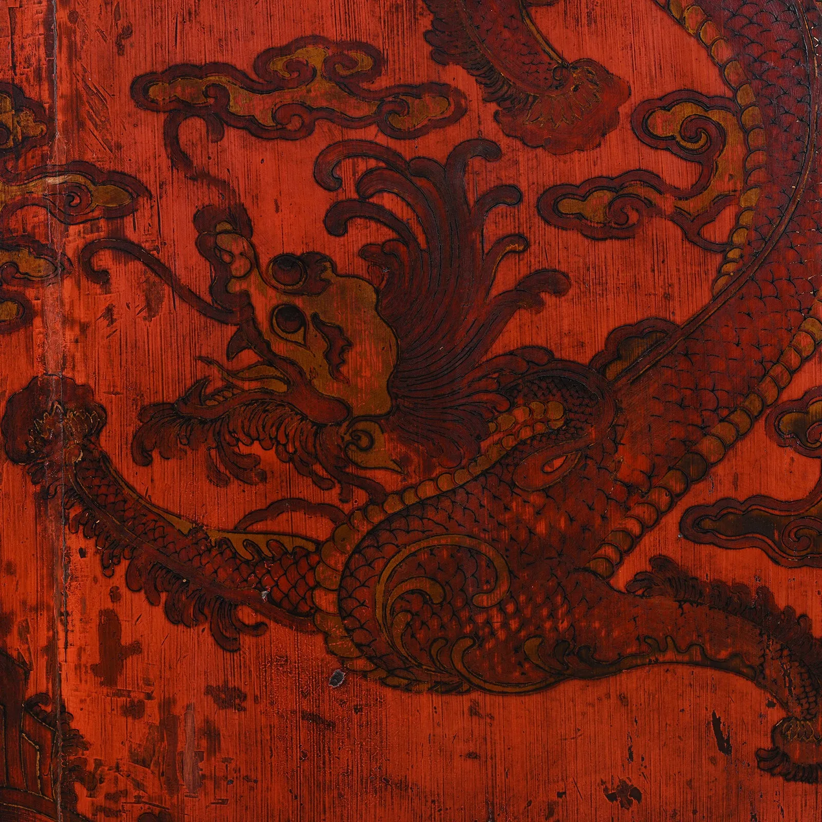 Red Lacquer Chilong Dragon Wedding Cabinet -19th Century