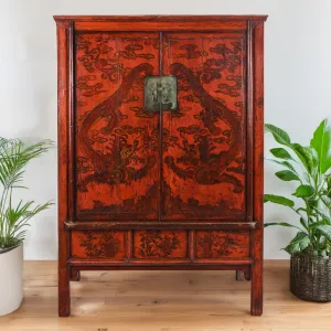 Red Lacquer Chilong Dragon Wedding Cabinet -19th Century