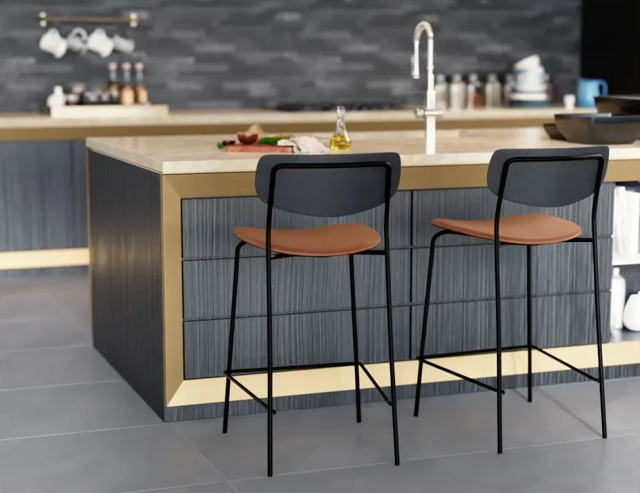 Rylie Stool - Padded Seat with Black Backrest - 65cm Kitchen Height - Black Vegan Leather Seat