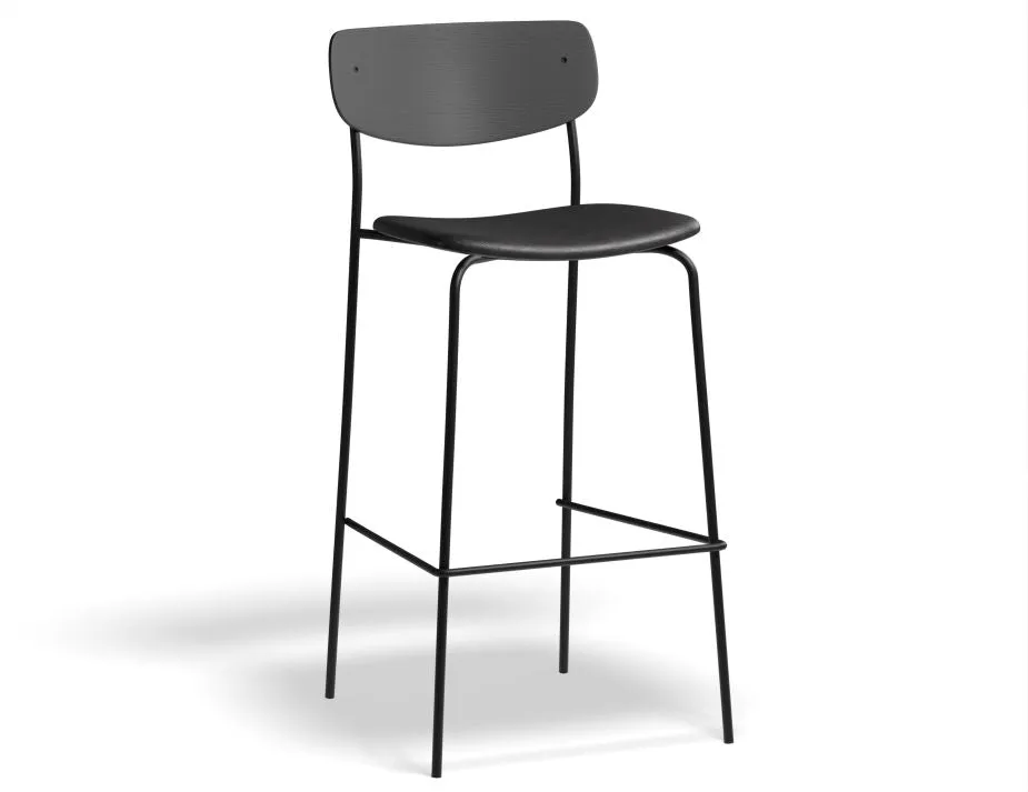 Rylie Stool - Padded Seat with Black Backrest - 65cm Kitchen Height - Black Vegan Leather Seat