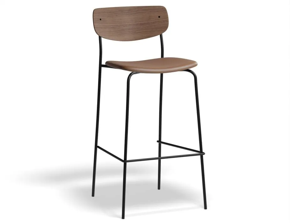 Rylie Stool - Padded Seat with Walnut Backrest - 65cm Kitchen Height - Black Vegan Leather Seat