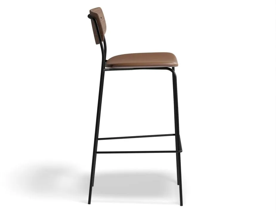 Rylie Stool - Padded Seat with Walnut Backrest - 75cm Bar Height - Green Vegan Leather Seat