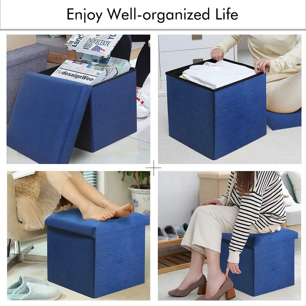 SAMPLUS MALL (LABEL) Linen Home Foldable Large Storage Ottoman Bench Footrest Stool Storage Ottoman Bench for footrest Stool Coffee Table and Seating Ottoman (30 X 30 X 30 c.m, Blue)