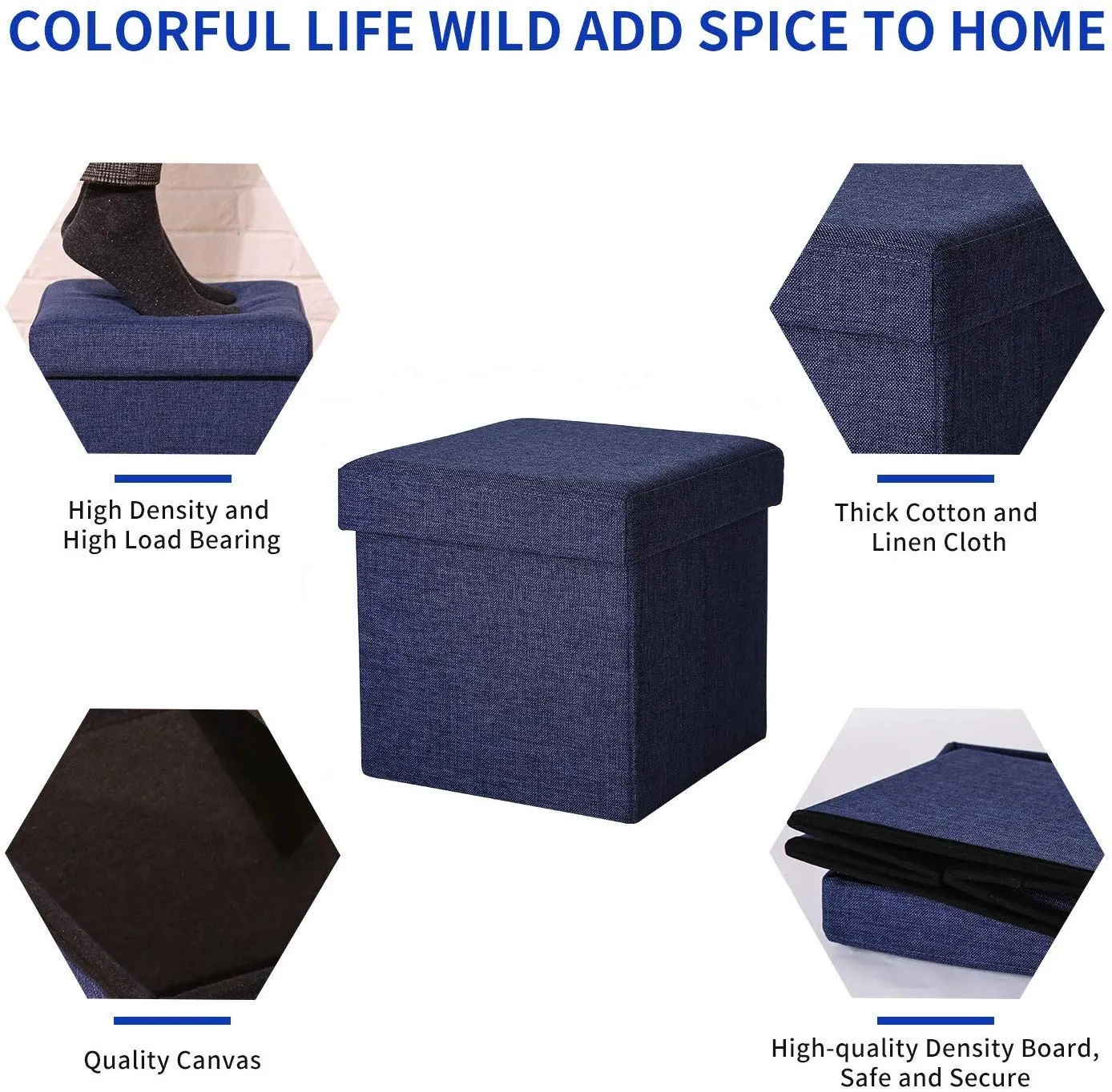 SAMPLUS MALL (LABEL) Linen Home Foldable Large Storage Ottoman Bench Footrest Stool Storage Ottoman Bench for footrest Stool Coffee Table and Seating Ottoman (30 X 30 X 30 c.m, Blue)