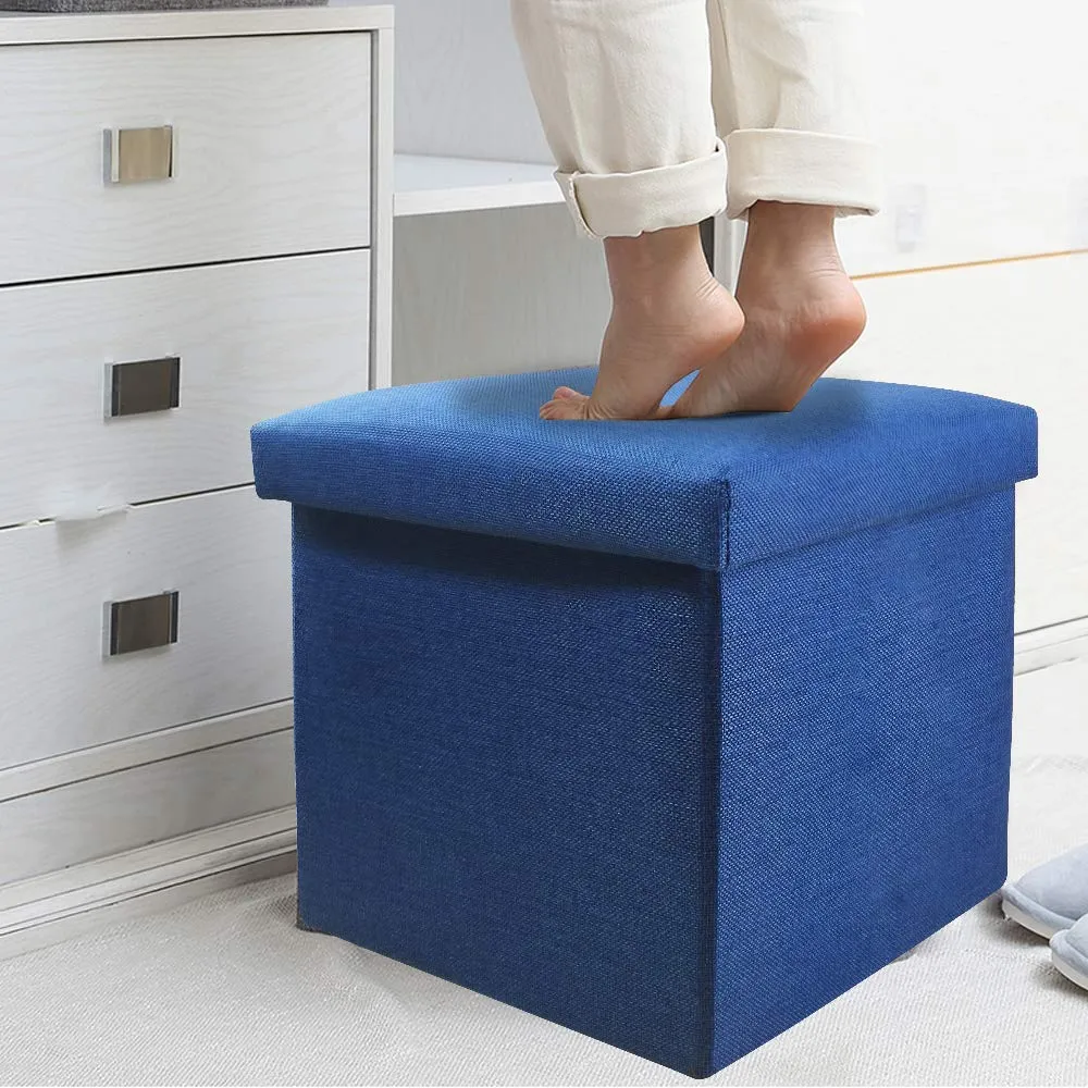 SAMPLUS MALL (LABEL) Linen Home Foldable Large Storage Ottoman Bench Footrest Stool Storage Ottoman Bench for footrest Stool Coffee Table and Seating Ottoman (30 X 30 X 30 c.m, Blue)