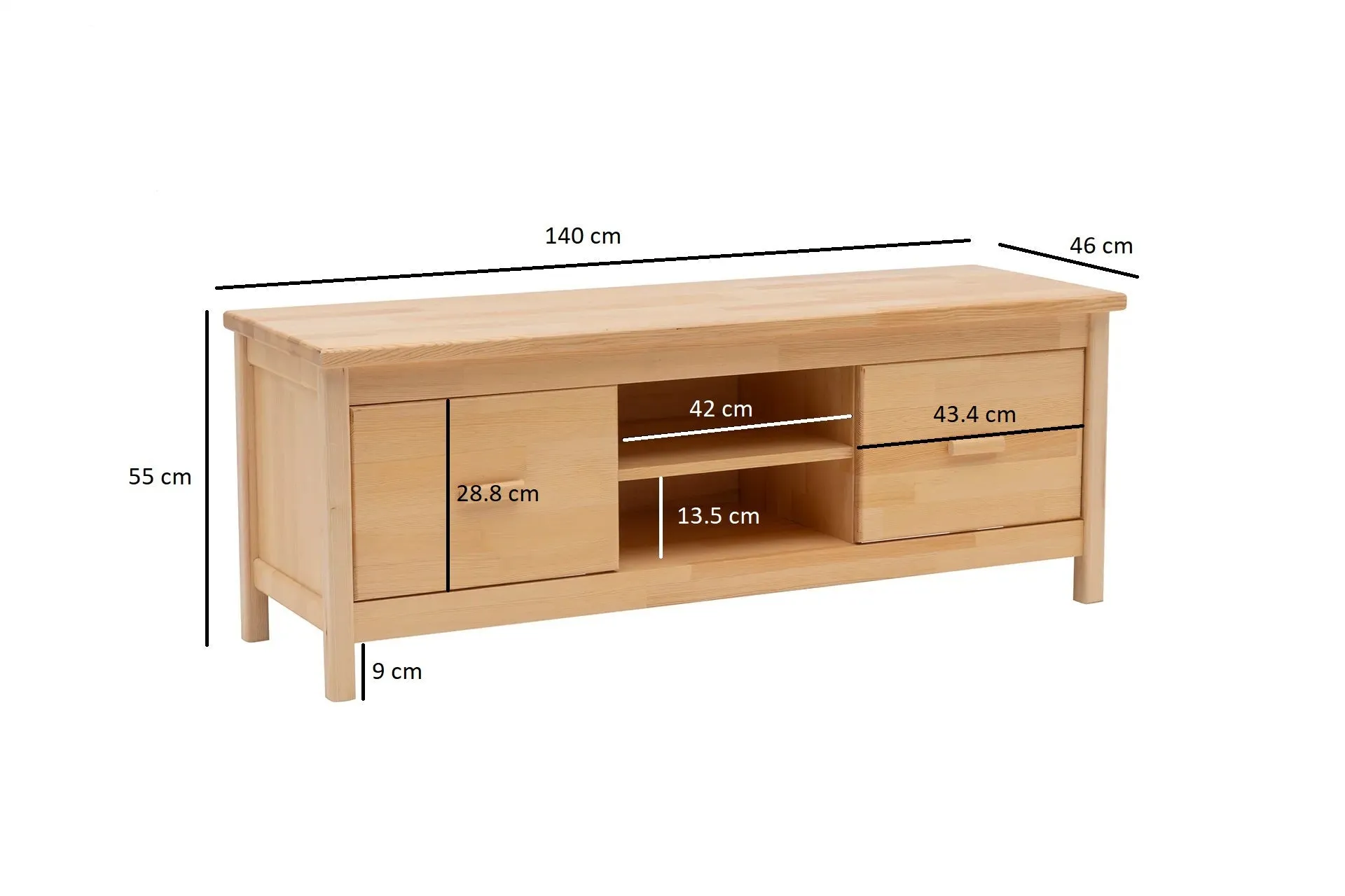 Solid Pine Wood Handmade TV Stand with Storage Drawers and Shelves for TVs up to 60" Dawn