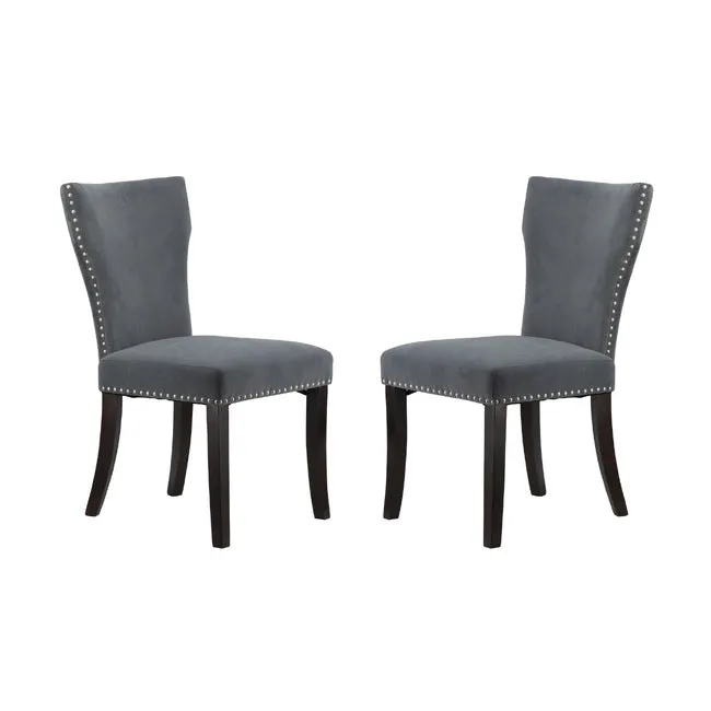 Studded Grey Velvet Look Armless Dining Chairs Set of 2