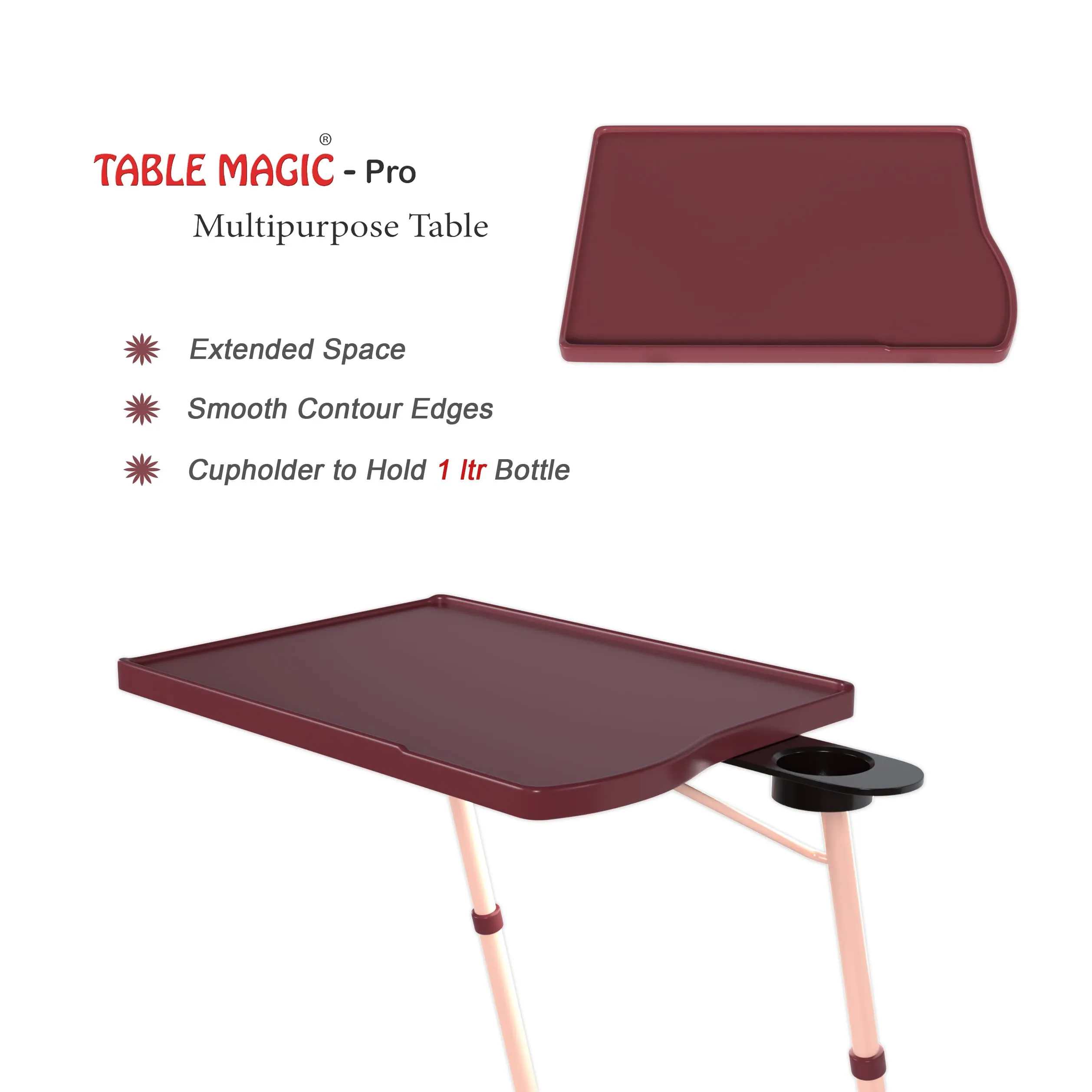 TABLE MAGIC Alloy Steel - Pro Extended Work Space Table Mat Finish Top Abs & Steel Frame, 55 * 40 * 73Cm Multipurpose Laptop Table With 6 Heights, 3 Angles Adjustable (Pro- Brown, Large)