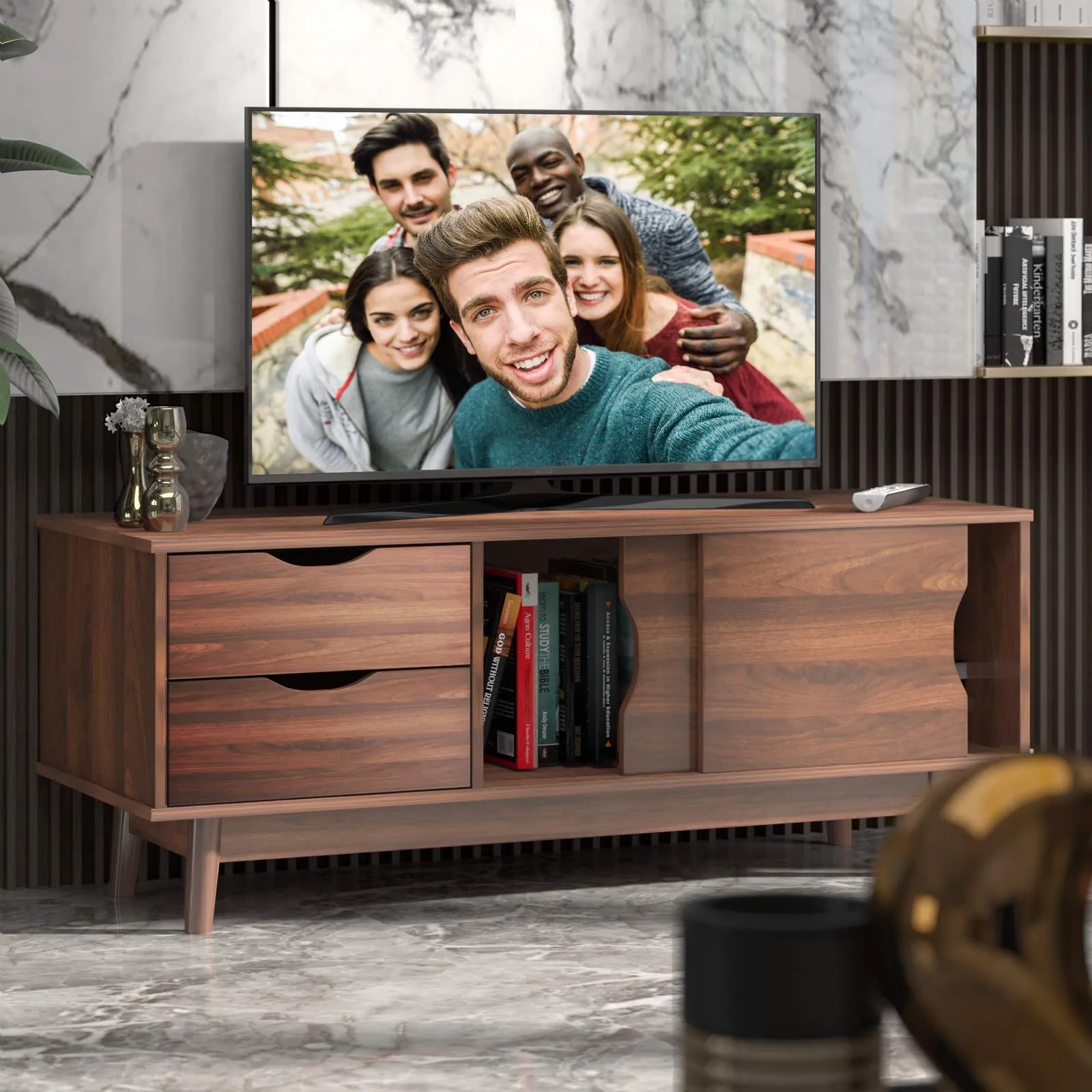 Tangkula Modern TV Stand for Flat TVs Up to 60 Inches, Wood TV Console Table w/ 2 Drawers & 2 Sliding Doors