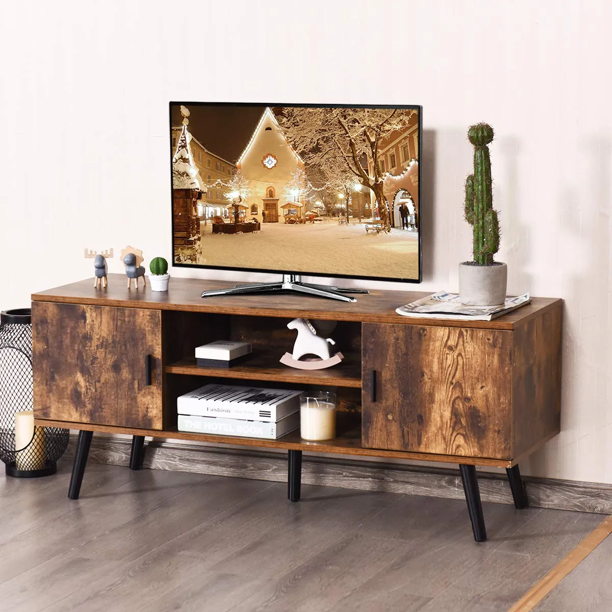 Tangkula TV Stand for TV up to 55 in, Boho TV Console Table w/ 2 Cabinet & 2 Tier Open Shelf