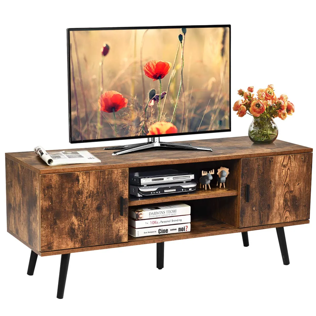 Tangkula TV Stand for TV up to 55 in, Boho TV Console Table w/ 2 Cabinet & 2 Tier Open Shelf