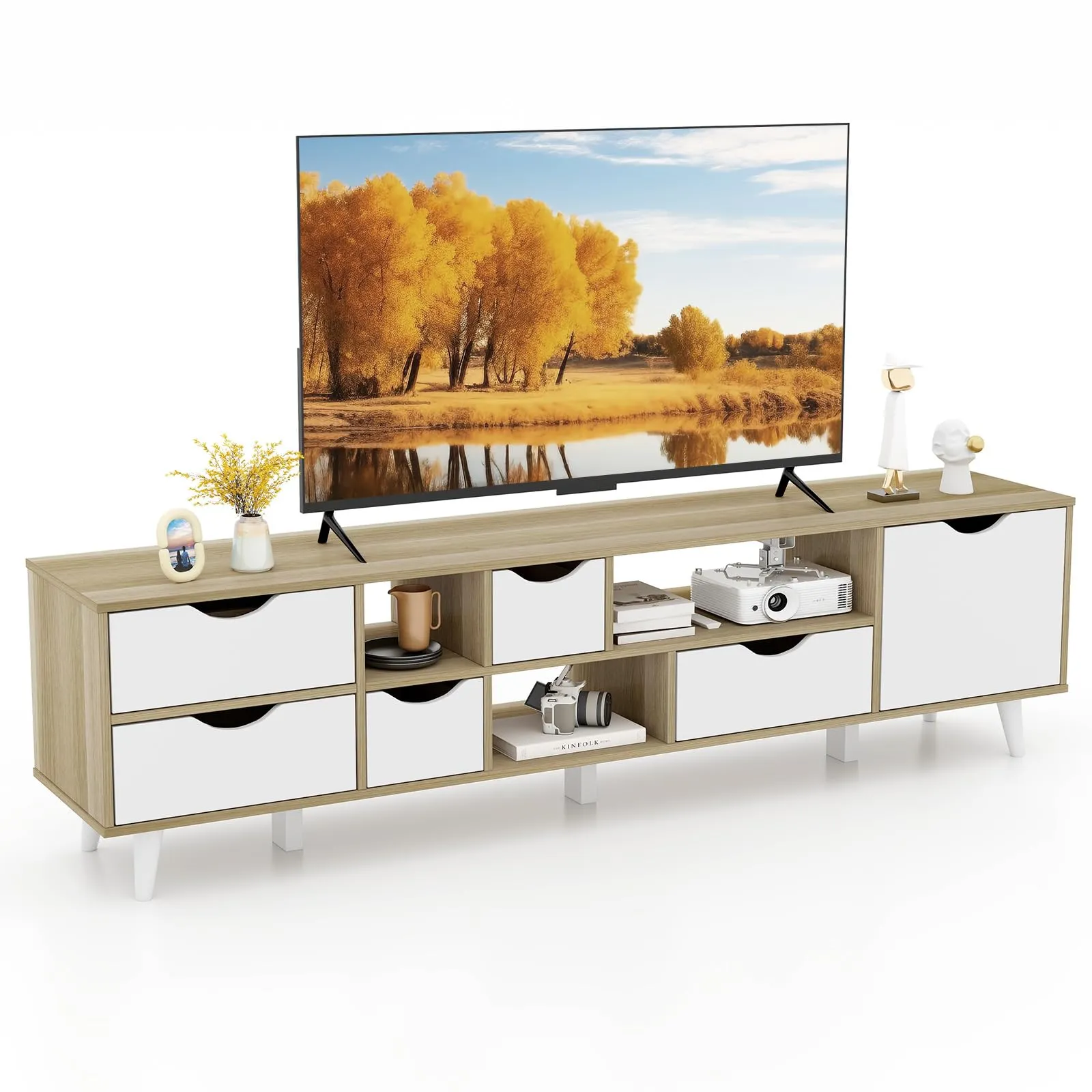 Tangkula TV Stand for TVs up to 65”, Mid Century Modern TV Console Table w/Storage, Television Cabinet w/ 5 Drawers & 3 Open Shelves