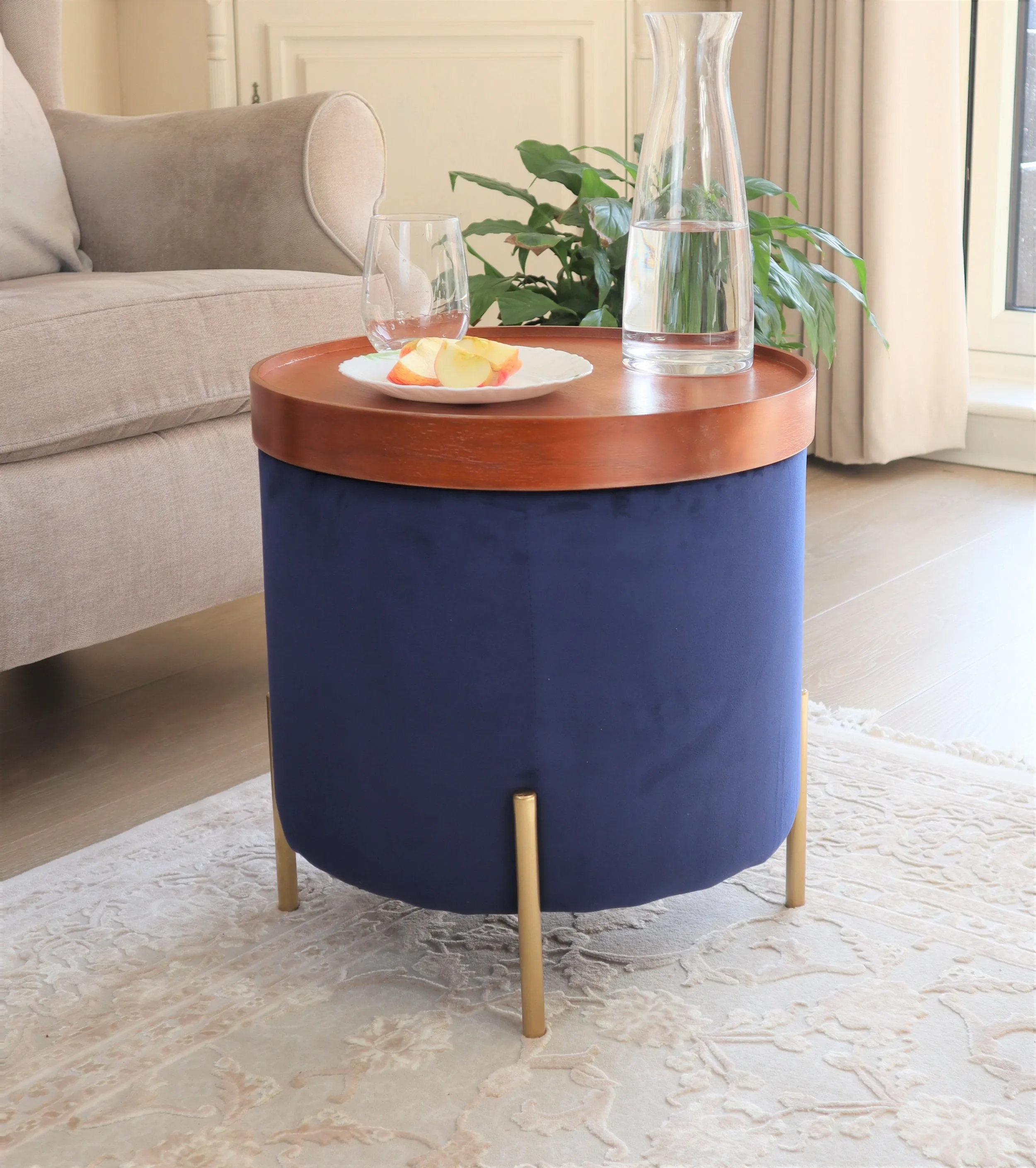 Valentine Ottoman With Tray Top, Blue Velvet