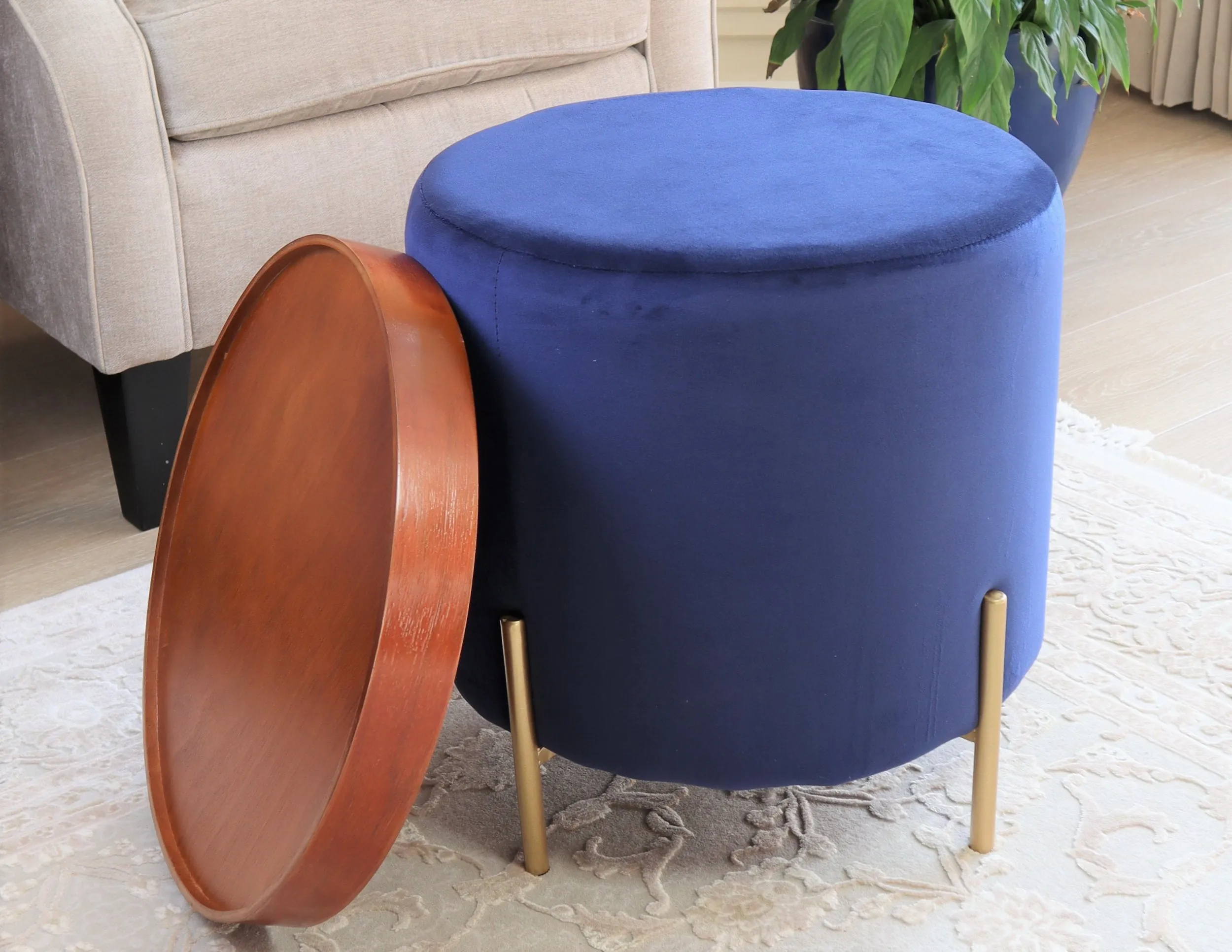 Valentine Ottoman With Tray Top, Blue Velvet