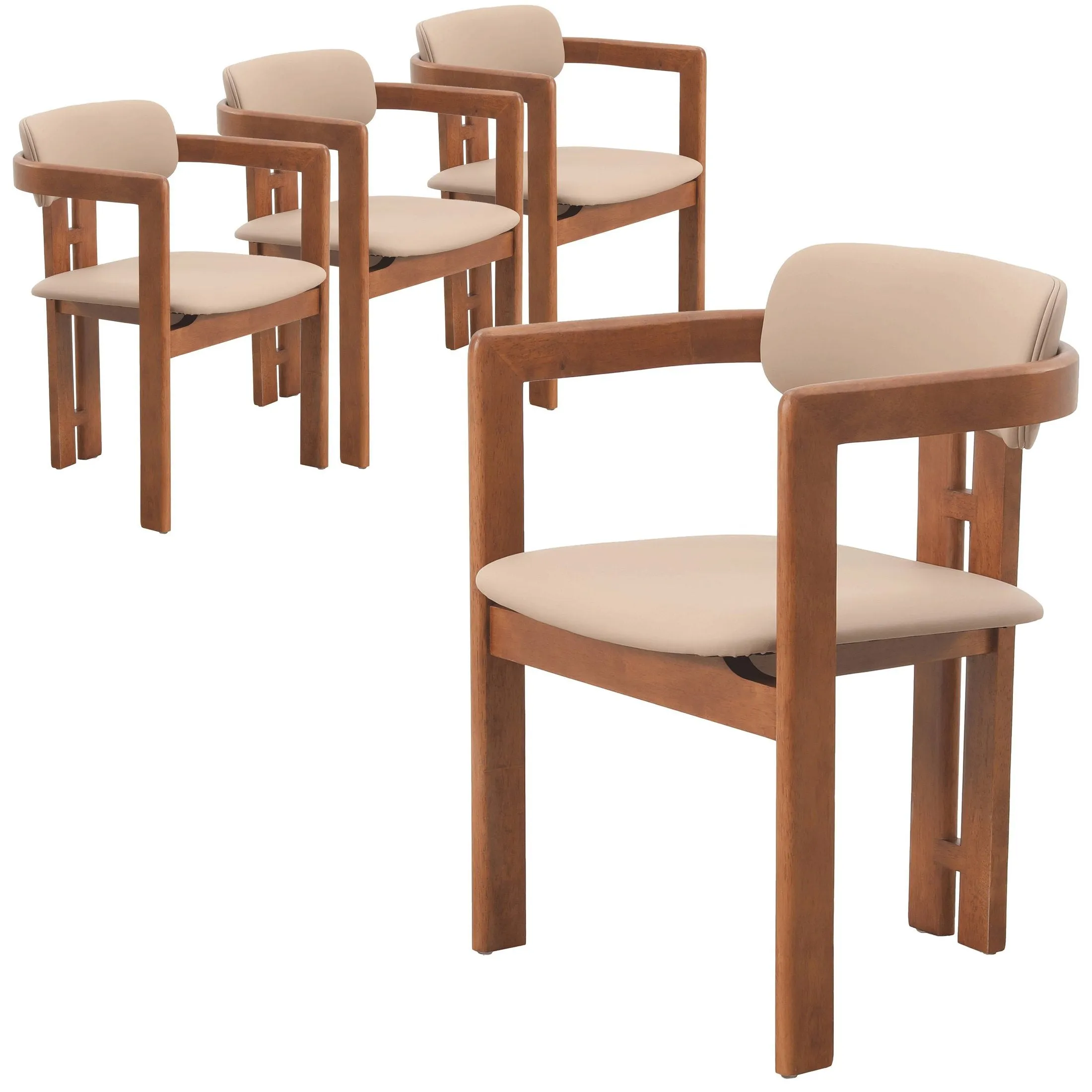 Velo Upholstered Dining Chair in Leather with Open Back and Wood Legs Set of 4