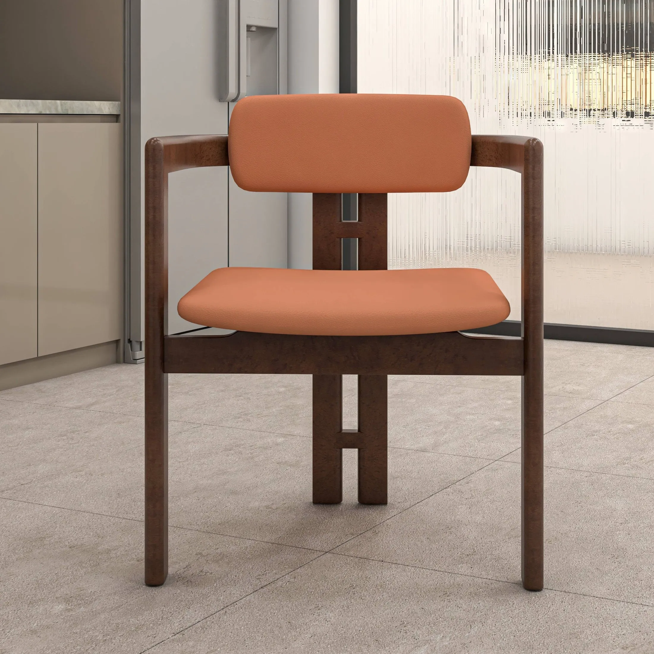 Velo Upholstered Dining Chair in Leather with Open Back and Wood Legs Set of 4