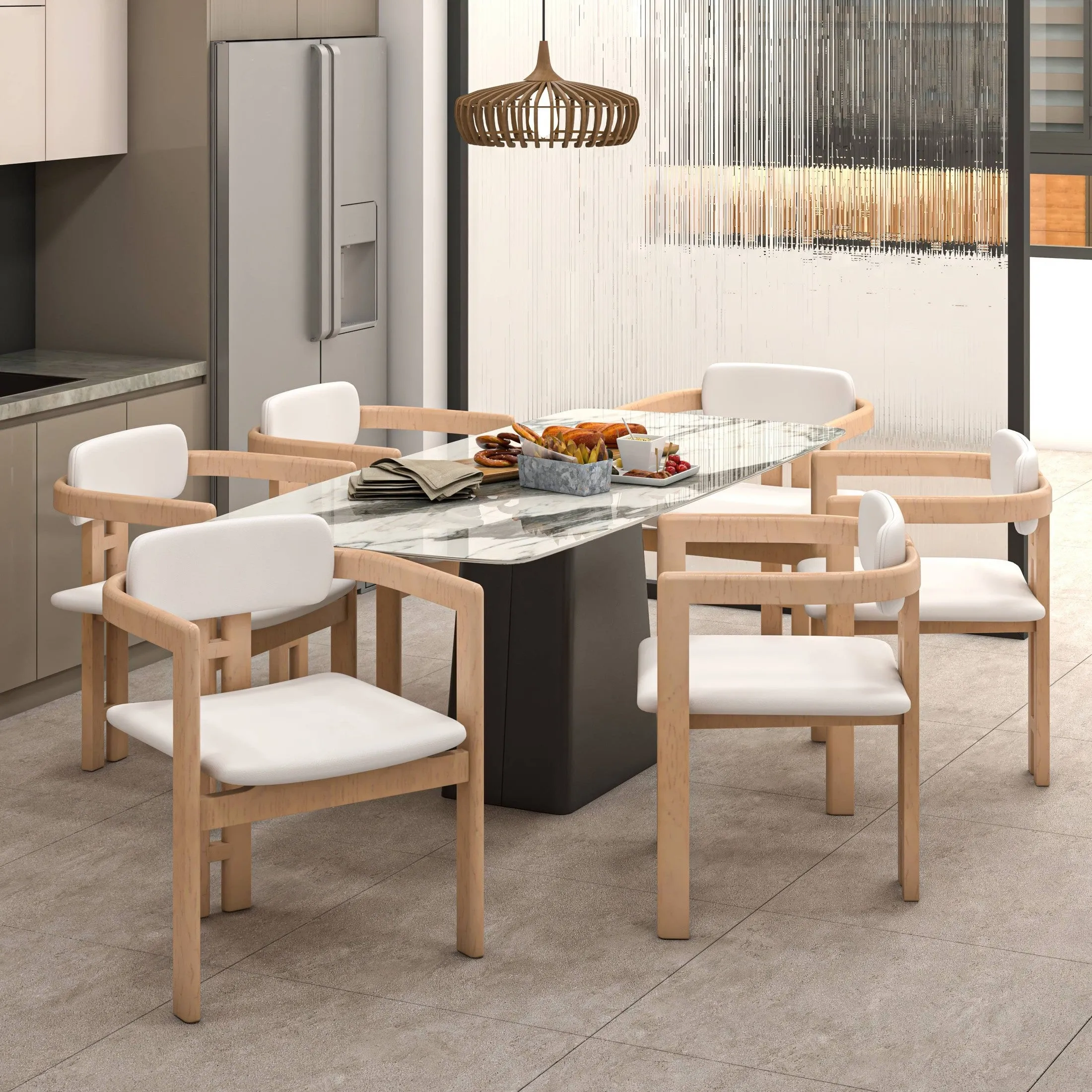 Velo Upholstered Dining Chair in Leather with Open Back and Wood Legs Set of 4