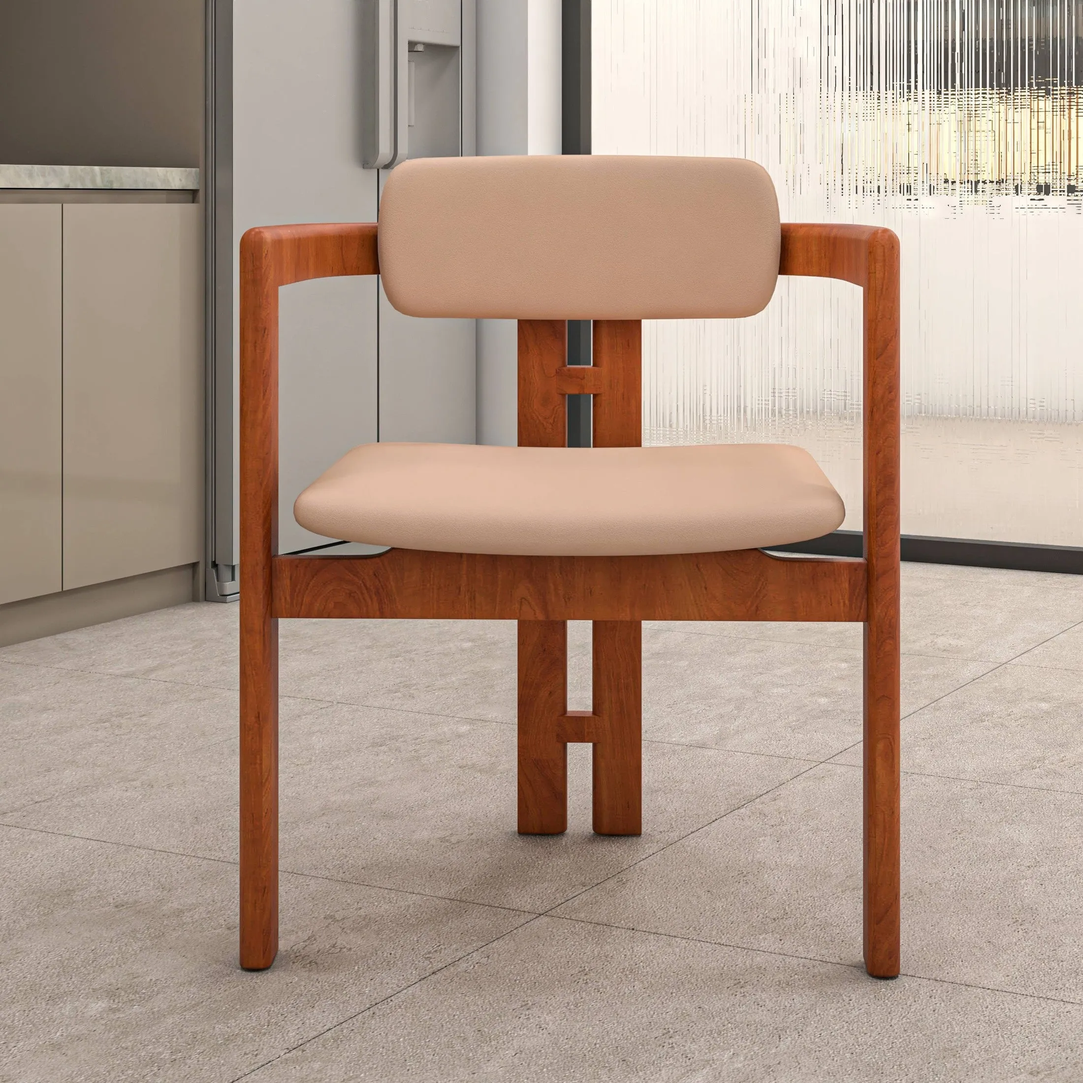 Velo Upholstered Dining Chair in Leather with Open Back and Wood Legs Set of 4