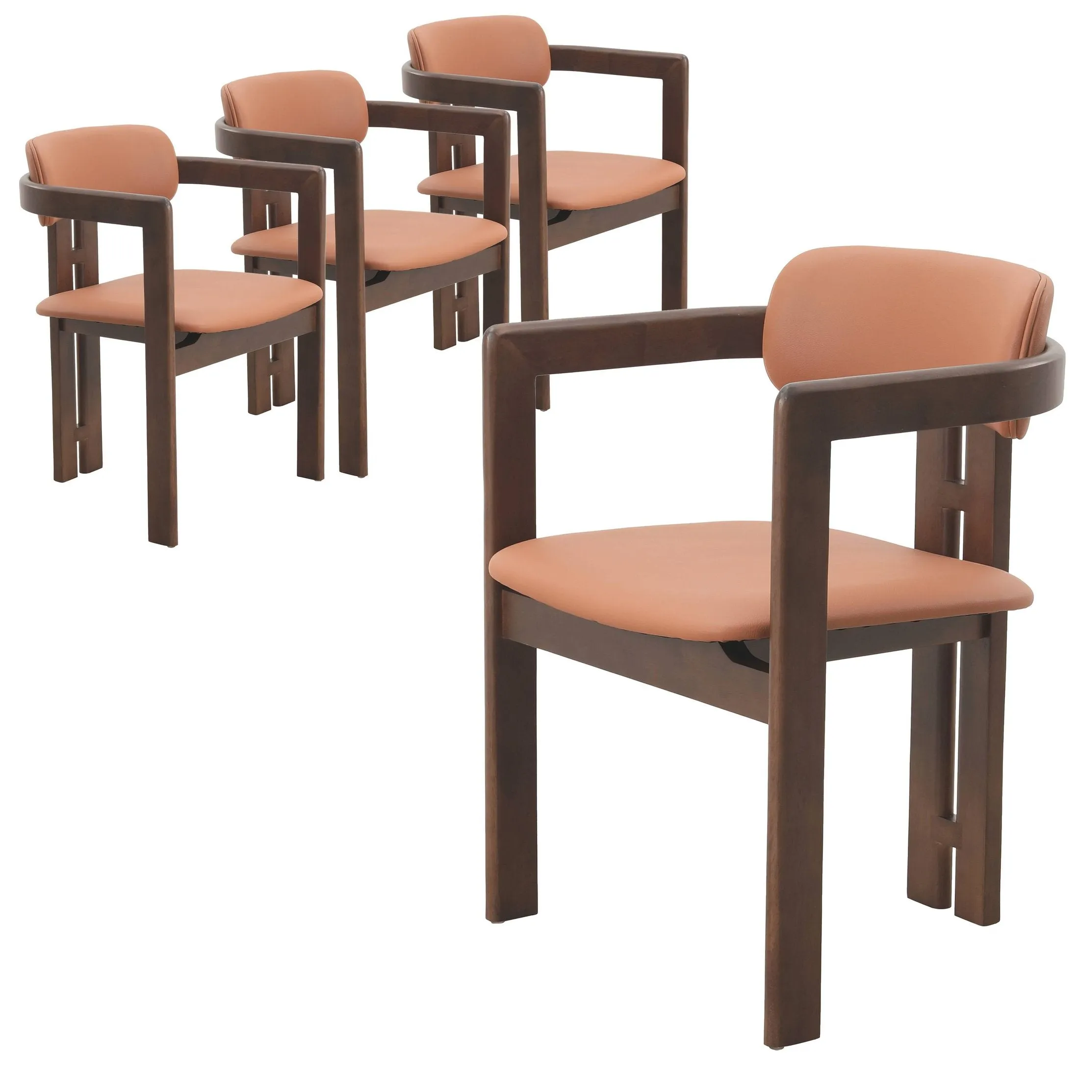 Velo Upholstered Dining Chair in Leather with Open Back and Wood Legs Set of 4