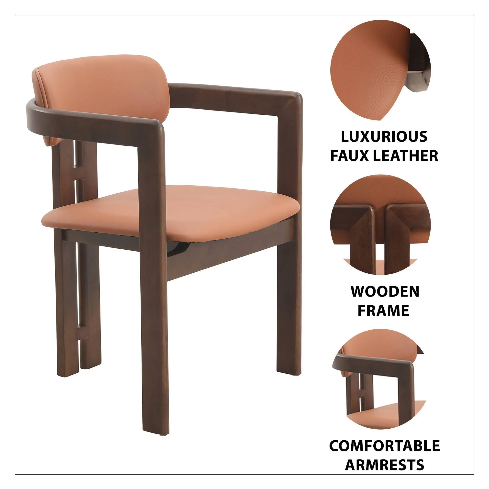 Velo Upholstered Dining Chair in Leather with Open Back and Wood Legs Set of 4