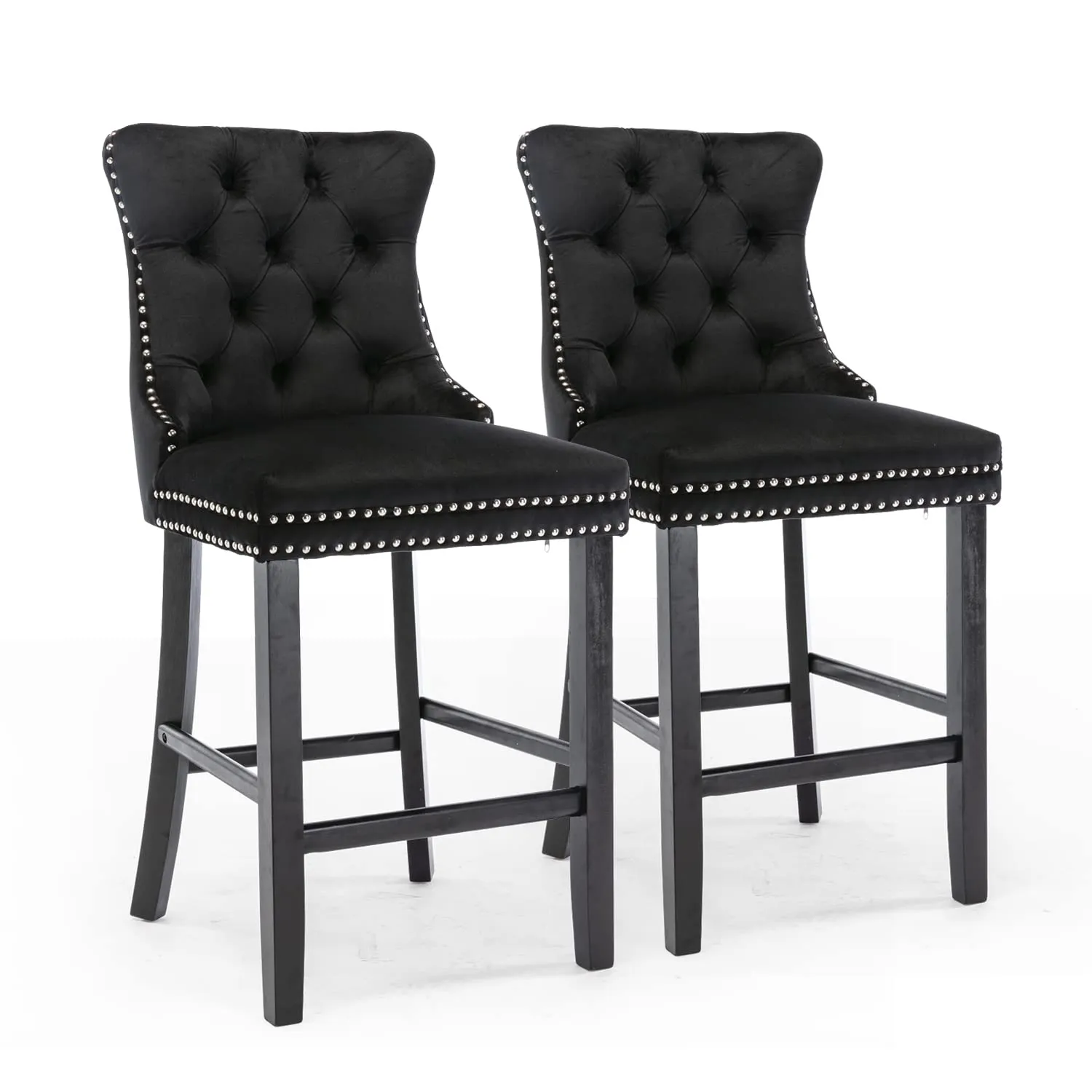 Velvet Bar Stools Counter Stools Set Of 2 With Studs Trim Wooden Legs Black