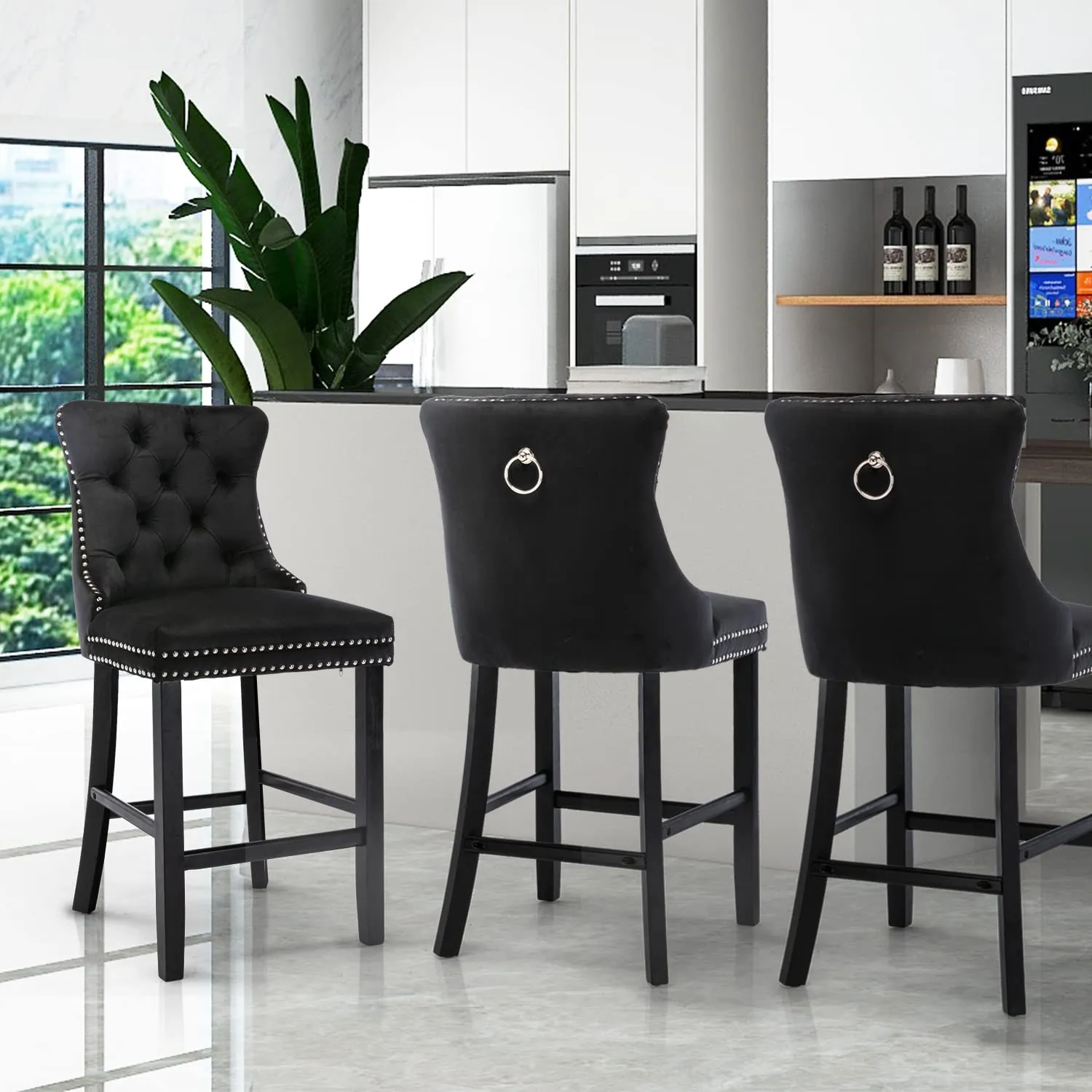 Velvet Bar Stools Counter Stools Set Of 2 With Studs Trim Wooden Legs Black